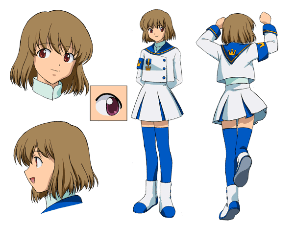 kizaki tamayo, angelic layer, brown hair, pink eyes, school uniform, serafuku, thighhighs