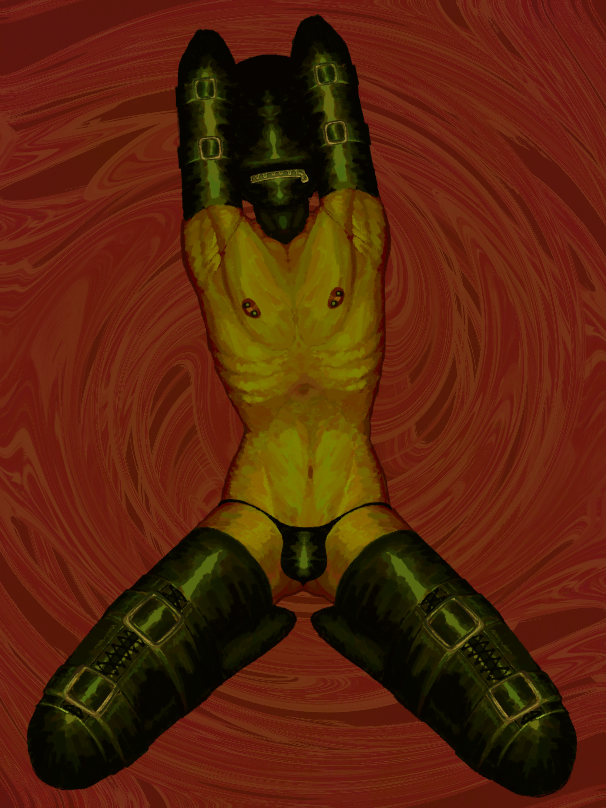 dreamscreep, original, absurdres, highres, 1boy, bdsm, bondage, bound, bound arms, bulge, male focus, nipple piercing, painterly, piercing, restrained, ribs, skinny, solo, thighhighs, thong, underwear, void (dreamscreep)