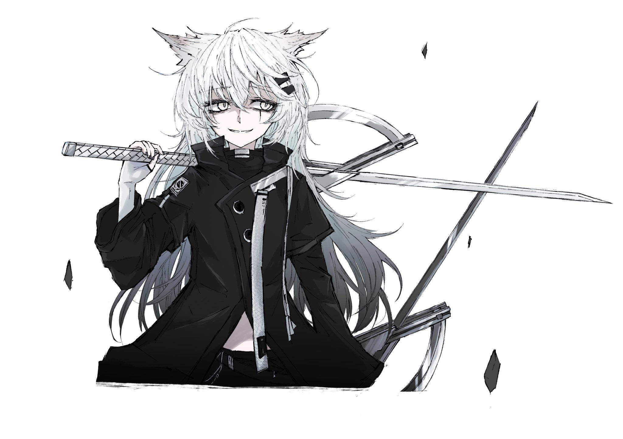 aizettonagi, lappland (arknights), lappland (refined horrormare) (arknights), arknights, commentary request, highres, partial commentary, 1girl, animal ears, black coat, black nails, coat, cropped legs, elbow gloves, fingerless gloves, fingernails, gloves, gradient hair, grey hair, hair between eyes, hair ornament, hairclip, holding, holding behind back, holding sword, holding sword behind back, holding weapon, holding weapon behind back, long hair, looking to the side, multicolored hair, nail polish, official alternate costume, rock, scar, scar across eye, scar on face, sideways glance, simple background, solo, sword, weapon, white background, white eyes, white gloves, white hair, wolf ears, wolf girl