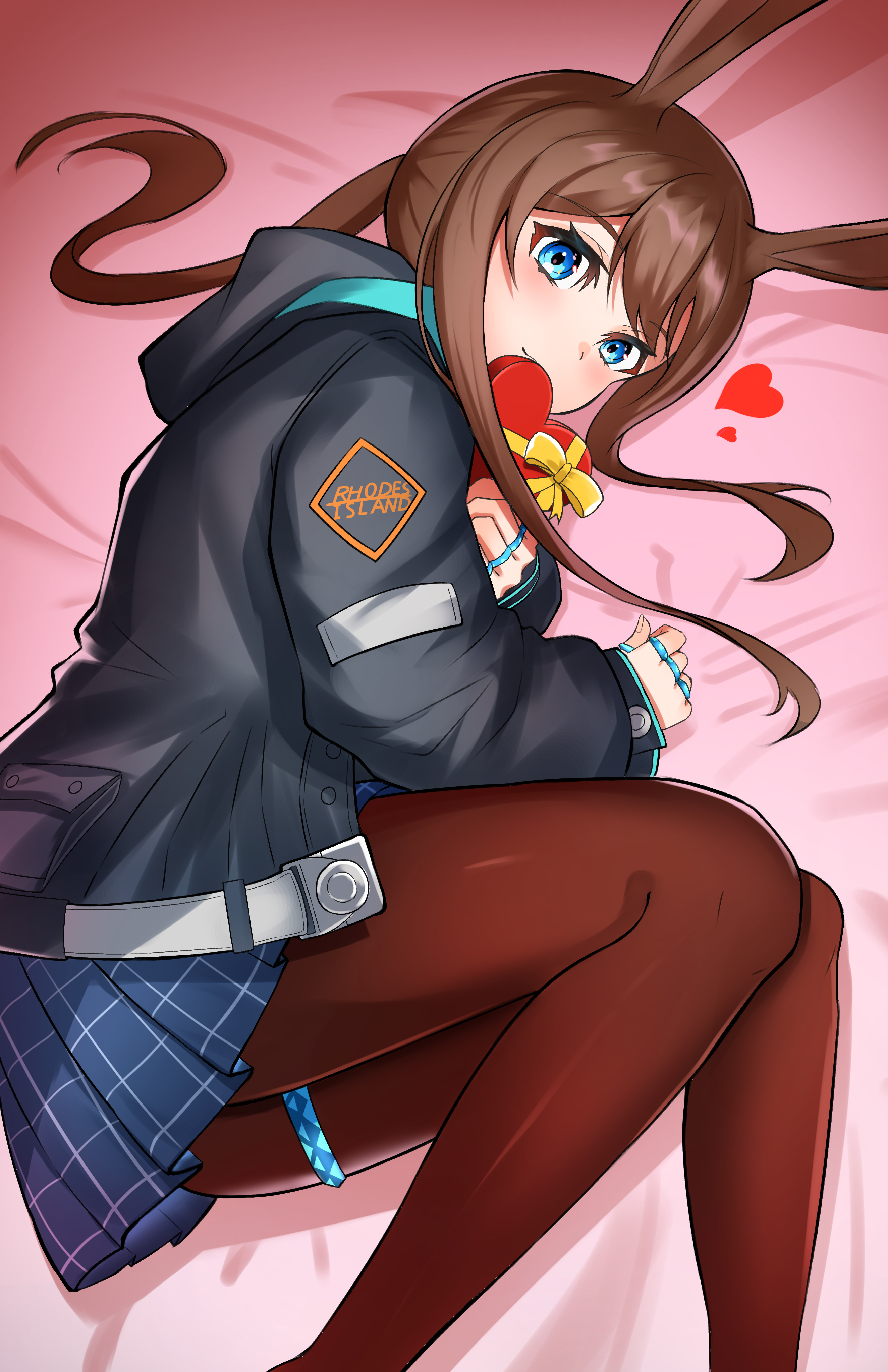 k@bu, amiya (arknights), arknights, absurdres, commentary, highres, revision, 1girl, animal ears, black jacket, blue eyes, blue skirt, box, brown hair, brown pantyhose, clothes writing, gift, gift box, heart, heart-shaped box, holding, holding gift, hood, hood down, hooded jacket, jacket, jewelry, long hair, long sleeves, looking at viewer, lying, miniskirt, multiple rings, on side, pantyhose, plaid clothes, plaid skirt, pleated skirt, rabbit ears, rabbit girl, ring, skirt, solo, thigh strap, thumb ring