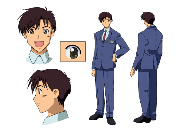 ogata masaharu, angelic layer, artist request, tagme, 1boy, brown eyes, brown hair, looking at viewer, multiple views, simple background, white background