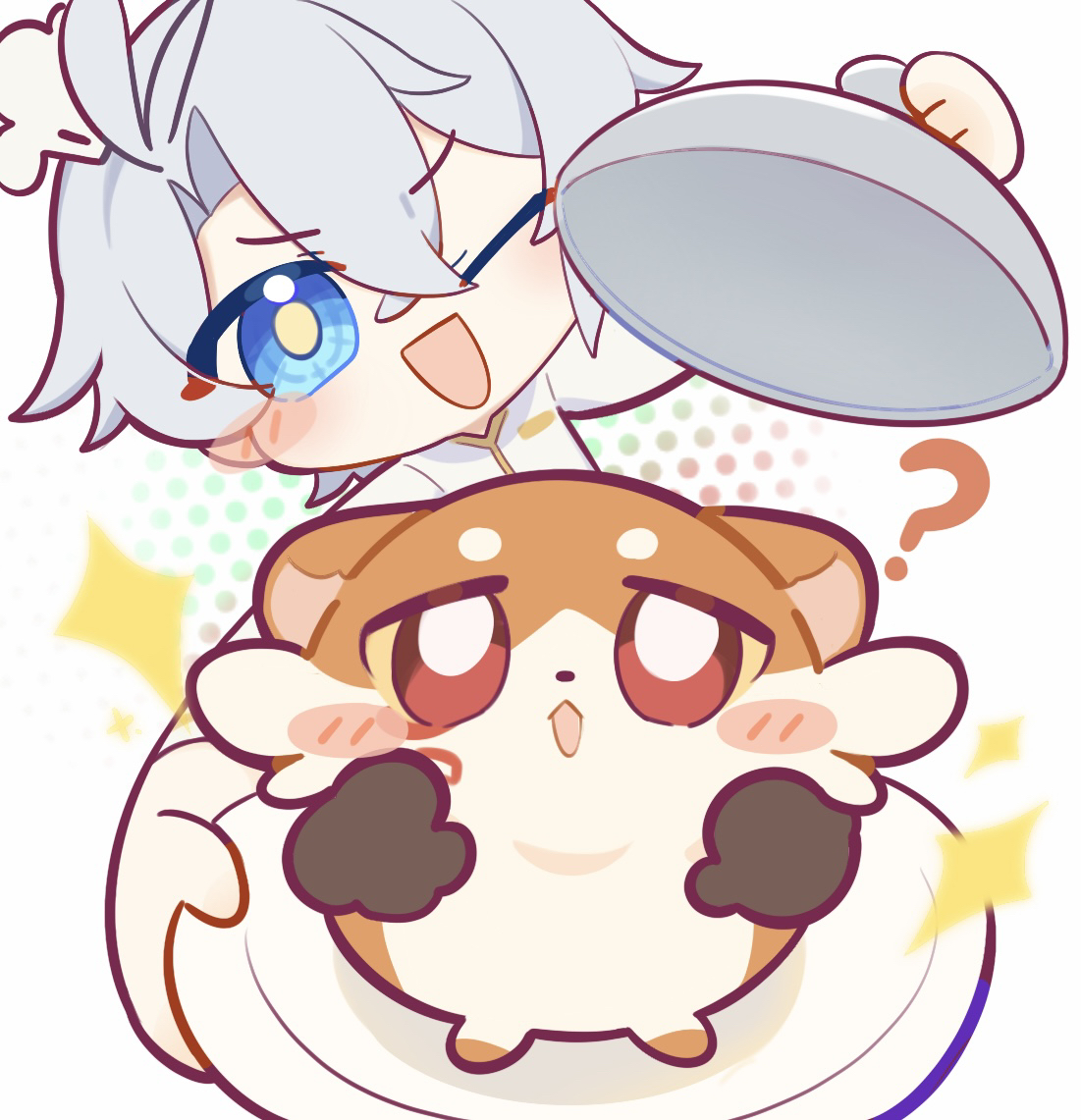 mydei (honkai: star rail), phainon (chrysos chef) (honkai: star rail), phainon (honkai: star rail), honkai: star rail, honkai (series), 1boy, ?, antenna hair, blue eyes, blush stickers, chef, chef hat, chibi, chibi only, chimera (honkai: star rail), coat, hat, holding, holding plate, incoming gift, male focus, mydei (fig stew) (honkai: star rail), one eye closed, parted bangs, plate, sameguiapple, short hair, solo, white coat, white hair
