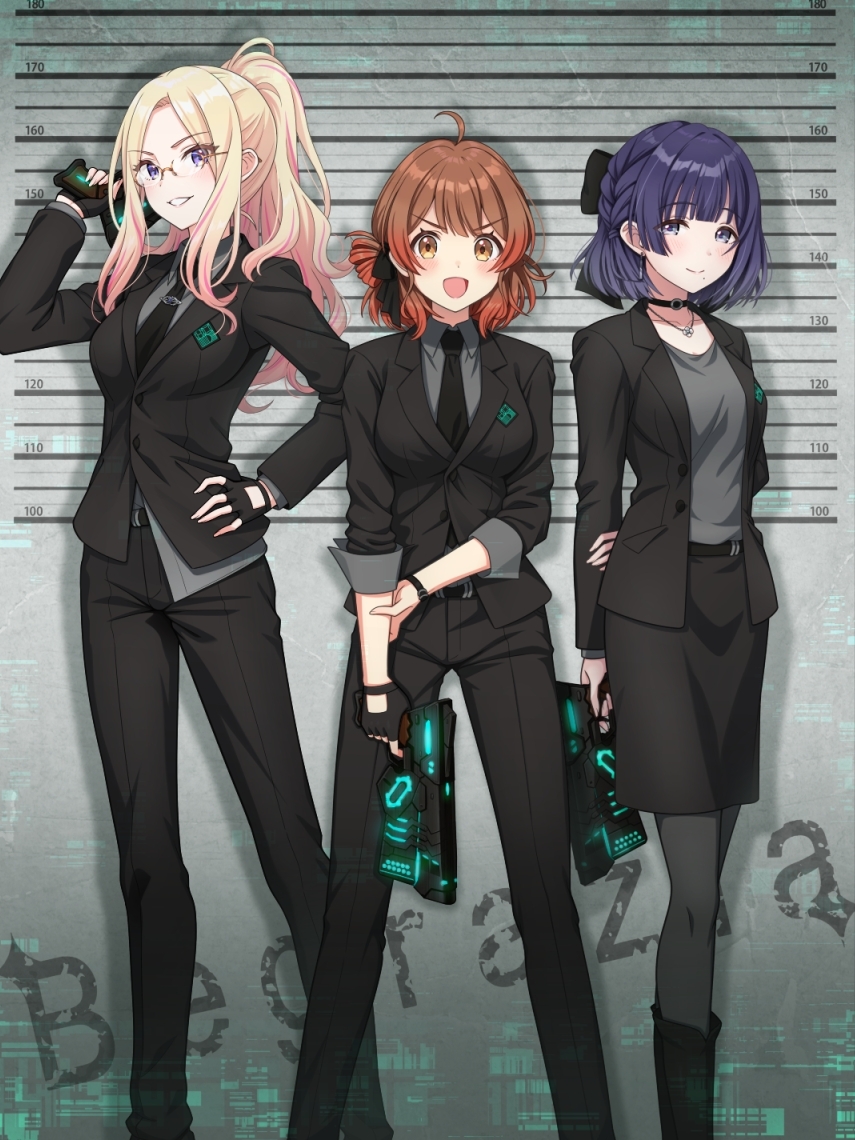 urabi (tomatohouse), hanami ume, hataya misuzu, juo sena, gakuen idolmaster, idolmaster, psycho-pass, commentary request, 3girls, ahoge, arm behind back, begrazia (idolmaster), black bow, black gloves, black jacket, black necktie, black pants, black skirt, blonde hair, blush, bow, braid, breasts, brown eyes, brown hair, collared shirt, dominator (gun), earrings, fingerless gloves, formal clothes, glasses, gloves, gradient hair, grey shirt, gun, hair bow, hand on own hip, height mark, holding, holding gun, holding own arm, holding weapon, jacket, jewelry, long hair, long sleeves, looking at viewer, medium breasts, mole, mole under mouth, multicolored hair, multiple girls, necklace, necktie, open clothes, open jacket, pants, ponytail, purple eyes, purple hair, shirt, shirt partially tucked in, short hair, skirt, smile, standing, suit, suit jacket, v-shaped eyebrows, weapon