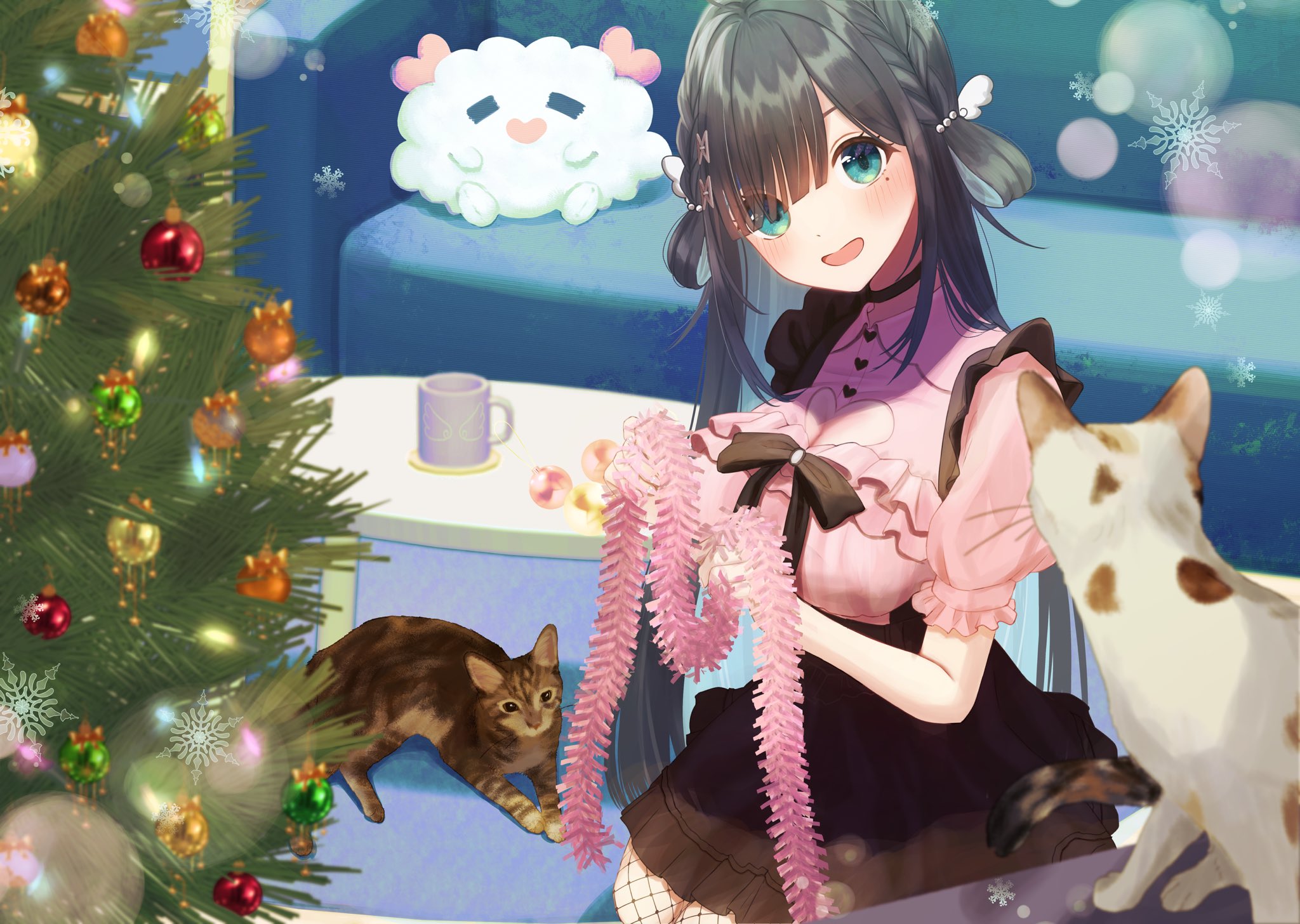 shima koushi, amano nene (vtuber), indie virtual youtuber, commission, highres, skeb commission, 1girl, black hair, black skirt, blue eyes, breasts, cat, christmas ornaments, christmas tree, cleavage cutout, clothing cutout, couch, cup, fishnets, hair ornament, heart cutout, long hair, open mouth, pink shirt, shirt, skirt, snowflakes, table, virtual youtuber, wing hair ornament