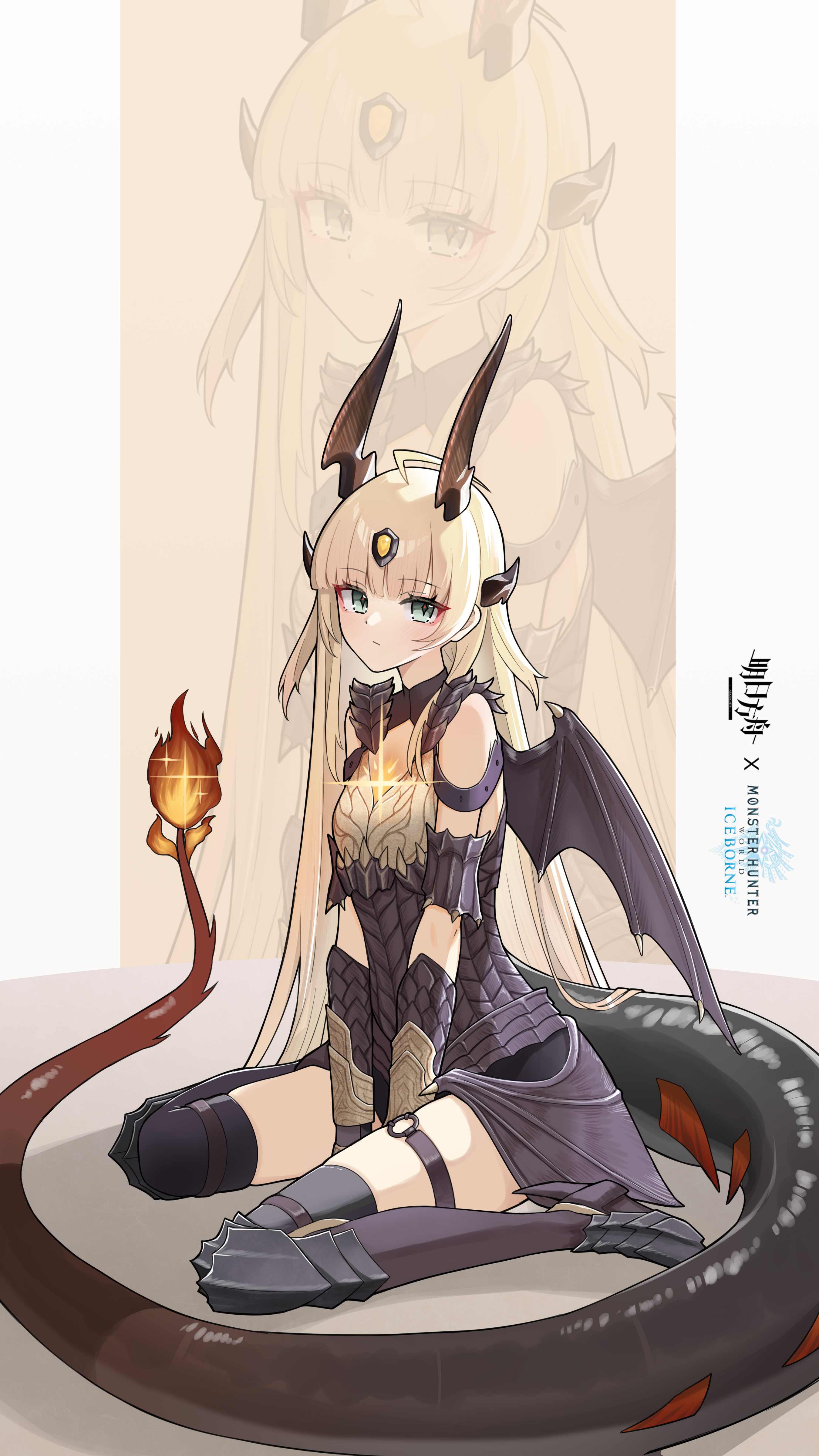 jiuyu qame, reed (arknights), arknights, monster hunter: world, monster hunter (series), monster hunter world: iceborne, absurdres, chinese commentary, commentary request, highres, 1girl, ahoge, alternate costume, armor, armored dress, bare shoulders, between legs, black tail, black thighhighs, blonde hair, brown horns, brown tail, closed mouth, copyright name, dress, fire, flame-tipped tail, full body, gem, green eyes, hand between legs, horns, light blush, long hair, looking at viewer, o-ring, o-ring thigh strap, sitting, solo, tail, thigh strap, thighhighs, vambraces, wariza, zoom layer