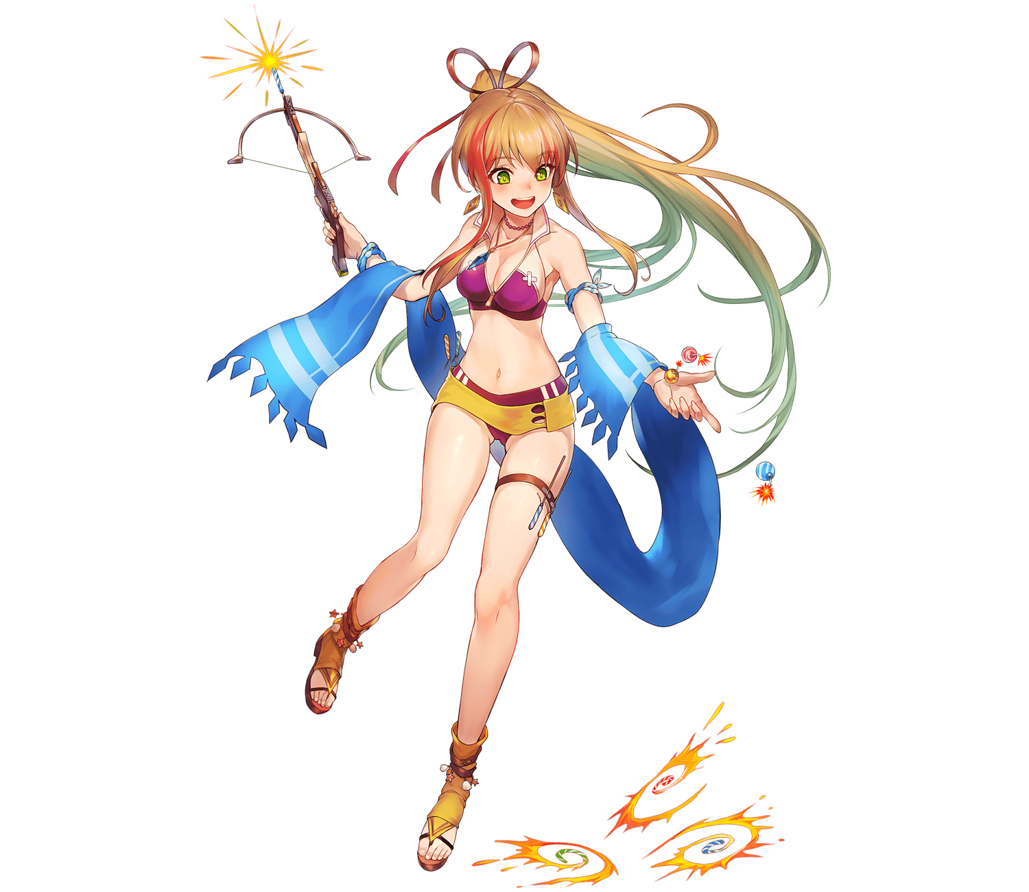 kakage, othinus (phantom of the kill), phantom of the kill, highres, official art, third-party source, 1girl, :d, blonde hair, bow (weapon), breasts, catherine wheel, crossbow, feet, floating hair, full body, green eyes, high heels, holding, holding crossbow, holding weapon, jewelry, long hair, multicolored hair, navel, necklace, official alternate costume, open-toe shoes, open mouth, pendant, ponytail, red hair, sandals, simple background, smile, solo, standing, standing on one leg, streaked hair, teeth, toes, transparent background, two-tone hair, upper teeth only, very long hair, weapon