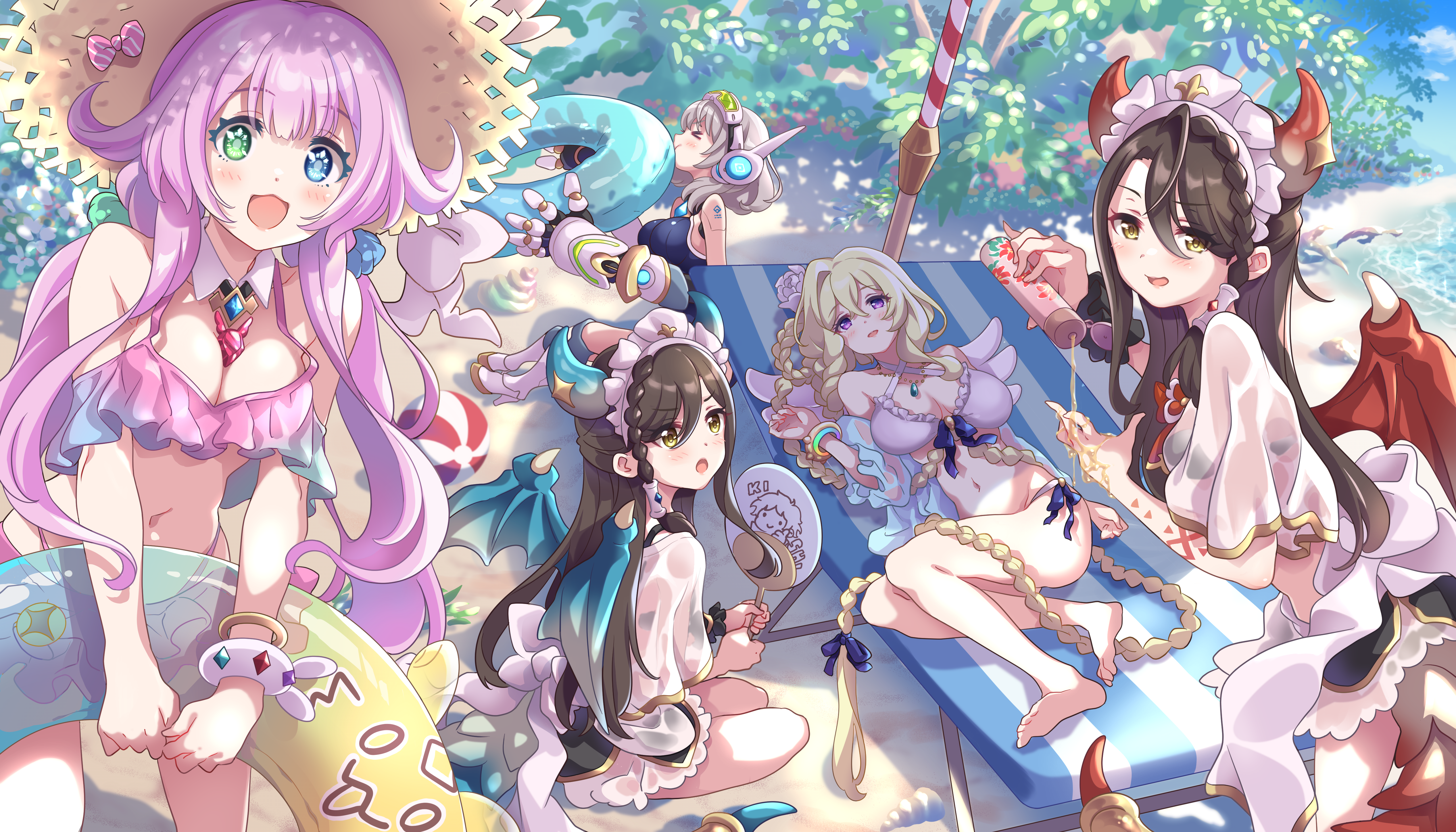 tsukachii, croce (princess connect!), kururu (princess connect!), lind (princess connect!), lyrael (princess connect!), wurm (princess connect!), princess connect!, absurdres, highres, 5girls, alternate costume, angel wings, back bow, beach, beach chair, between breasts, bikini, black bikini, black hair, blonde hair, blue eyes, blue horns, blue one-piece swimsuit, blue tail, blue wings, bow, bracelet, braid, breasts, chest jewel, criss-cross halter, dragon horns, dragon tail, dragon wings, feathered wings, frilled bikini, frills, green eyes, grey hair, hair flaps, half updo, halterneck, hand fan, hat, hat bow, heterochromia, holding, holding sunscreen, holding swim ring, horns, innertube, jewelry, large breasts, long braid, looking at viewer, low twintails, lying, maid, maid headdress, mechanical arms, multiple girls, navel, on back, one-piece swimsuit, open mouth, outdoors, pink bikini, pink hair, purple eyes, red horns, red tail, red wings, robot ears, robot girl, see-through clothes, siblings, sidelocks, sitting, smile, standing, straw hat, striped bow, swim ring, swimsuit, tail, twins, twintails, white bikini, wings, yellow eyes