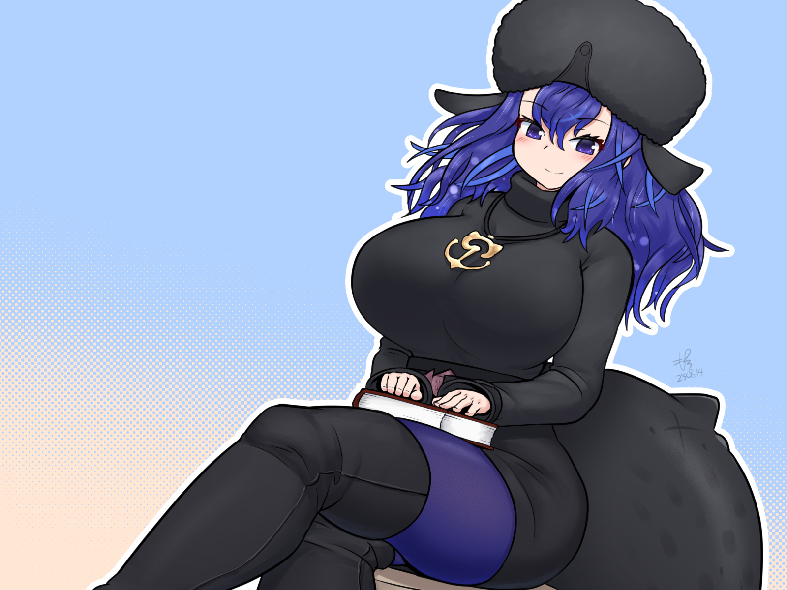 mo23, kemono friends, kemono friends 3, highres, 1girl, anchor necklace, anchor pendant, black sweater, blue eyes, blue hair, blue pantyhose, blush, book, boots, breasts, cetacean tail, fins, fish tail, hair between eyes, hat, head fins, huge breasts, japari symbol, jewelry, long hair, long sleeves, looking at viewer, necklace, pantyhose, sidelocks, sitting, solo, sperm whale (kemono friends), sweater, tail, turtleneck, ushanka, whale girl