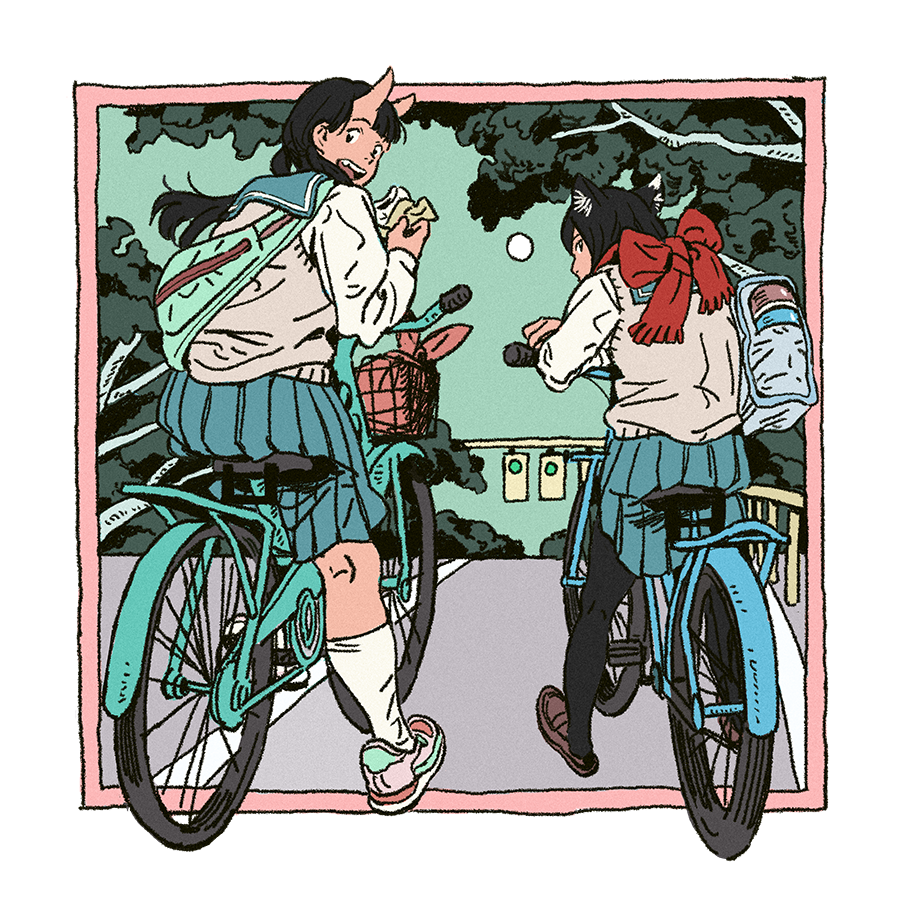 amber389, inutade, izutsumi, dungeon meshi, 2girls, bicycle, cat girl, from behind, horns, looking back, multiple girls, oni, outdoors, pleated skirt, road, sailor collar, school uniform, skirt, sweater vest, traffic light, tree
