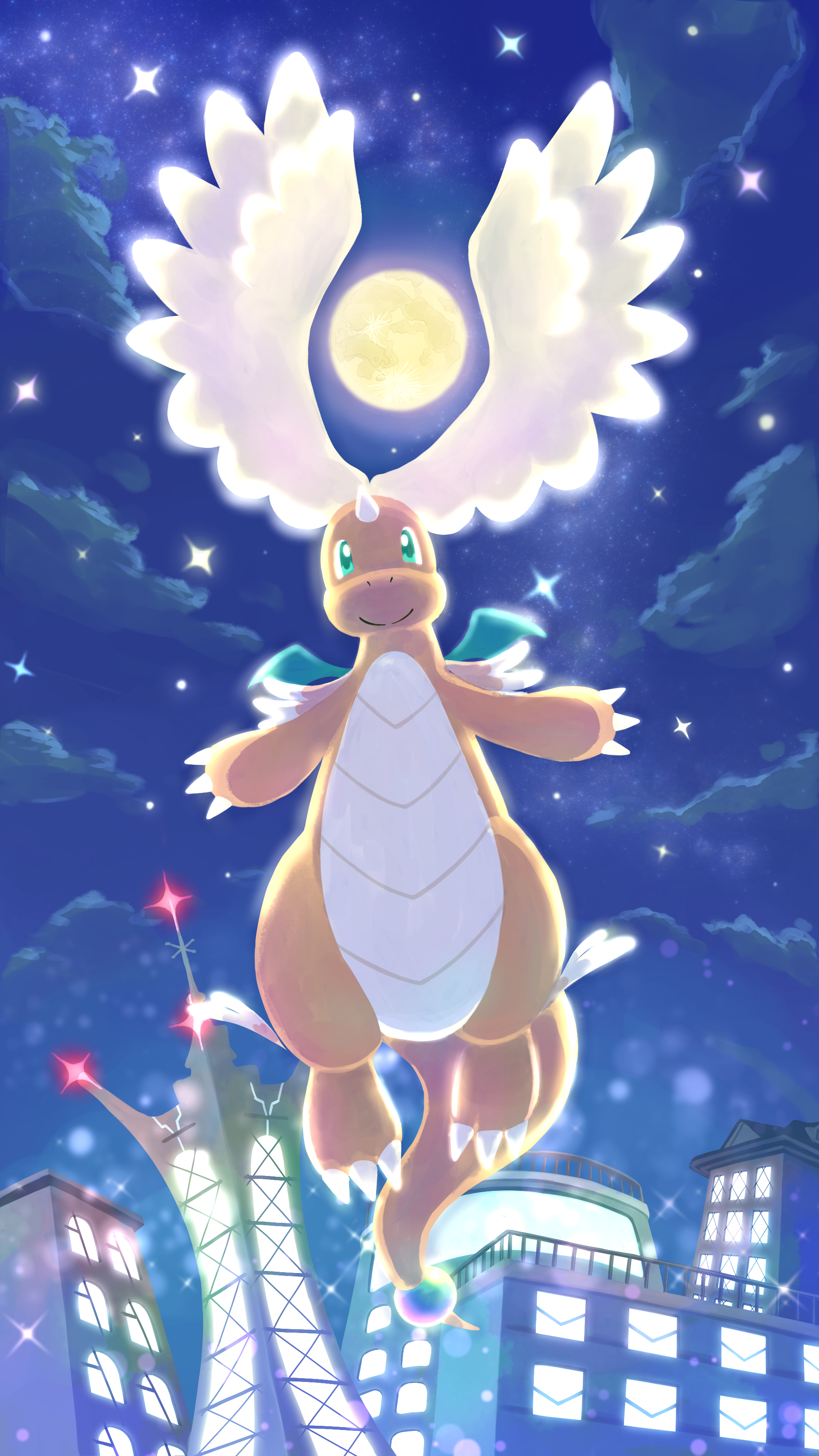 putto, dragonite, mega dragonite, nintendo, pokemon, absurdres, commentary request, highres, building, city, closed mouth, cloud, dragon, flying, full body, full moon, gen 1 pokemon, green eyes, head wings, mega pokemon, moon, night, no humans, nostrils, pokemon (creature), pokemon focus, prism tower, smile, solo, sparkle, star (sky), straight-on, tower, wings