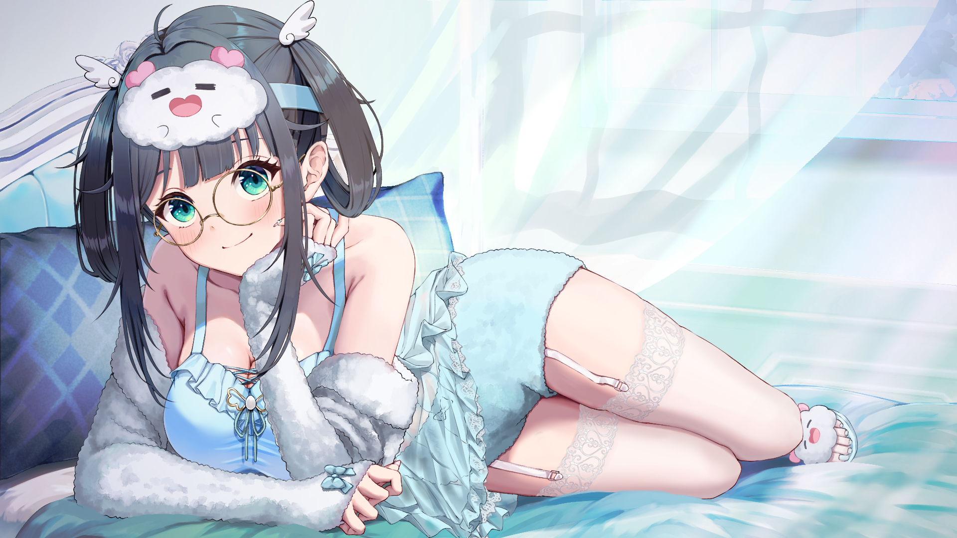 shima koushi, amano nene (vtuber), indie virtual youtuber, commission, highres, skeb commission, 1girl, ahoge, aqua eyes, black hair, blue bow, bow, breasts, cleavage, closed mouth, collarbone, garter straps, glasses, hair ornament, loungewear, mask, mask on head, pillow, round eyewear, shoes, sleep mask, sleeves past wrists, thighhighs, toes, virtual youtuber, white garter straps, white shoes, wing hair ornament