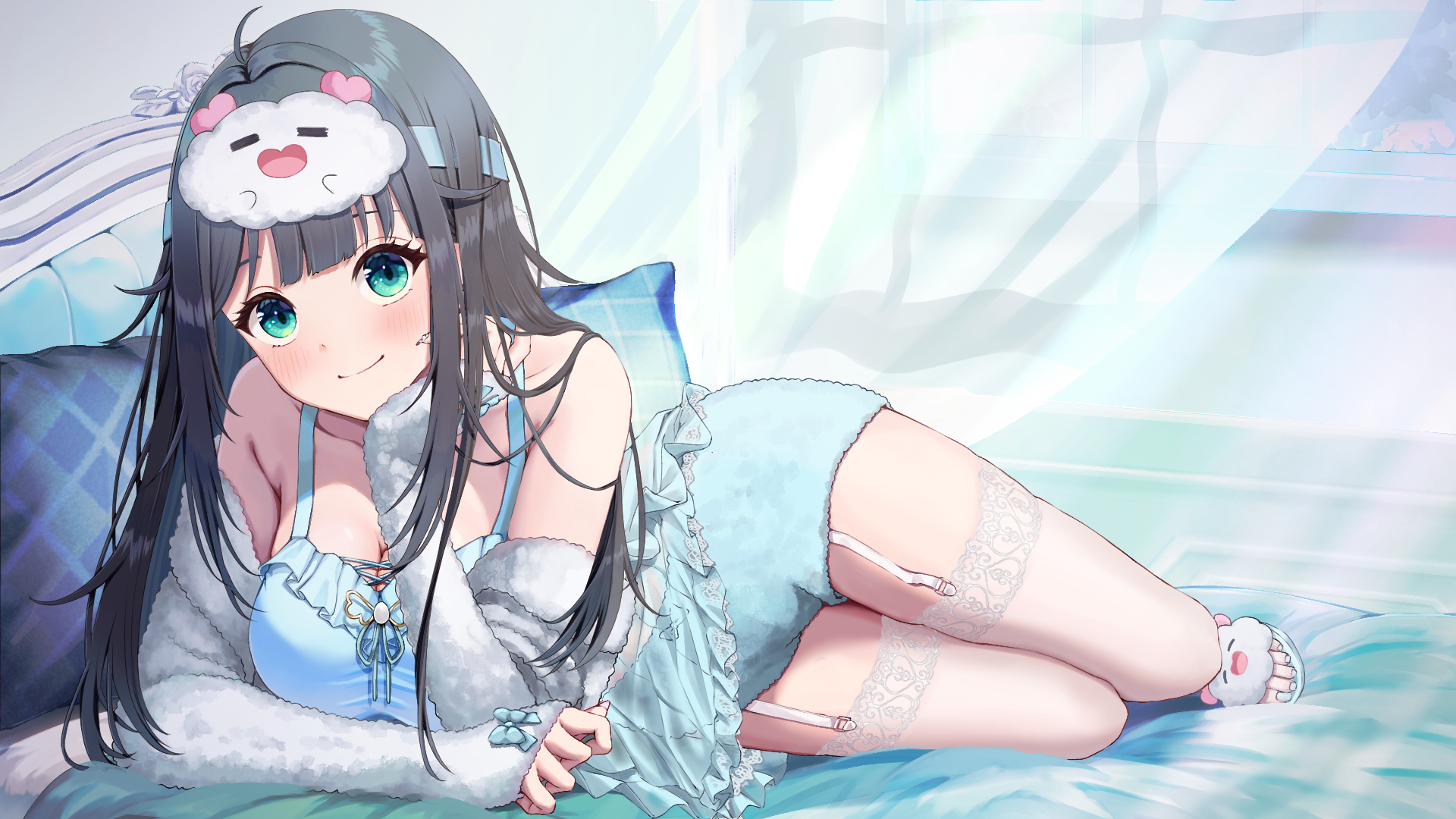 shima koushi, amano nene (vtuber), indie virtual youtuber, commission, highres, skeb commission, 1girl, ahoge, aqua eyes, black hair, blue bow, bow, breasts, cleavage, closed mouth, collarbone, garter straps, hair ornament, long hair, loungewear, mask, mask on head, pillow, shoes, sleep mask, sleeves past wrists, thighhighs, toes, virtual youtuber, white garter straps, white shoes, wing hair ornament