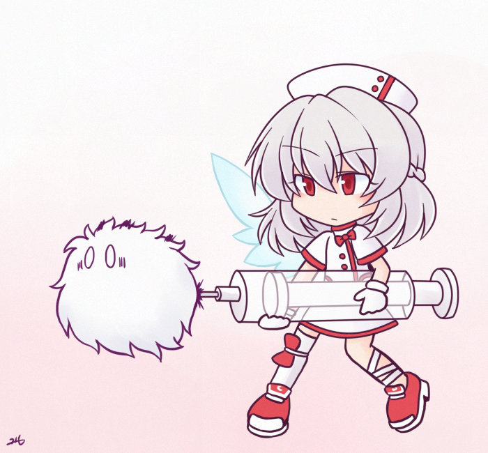 216, kishin sagume, touhou, touhou lostword, alternate costume, bandages, dress, expressionless, furball, grey hair, hat, holding, holding syringe, nurse cap, red eyes, red shoes, shoes, simple background, single wing, syringe, white dress, white hat, wings