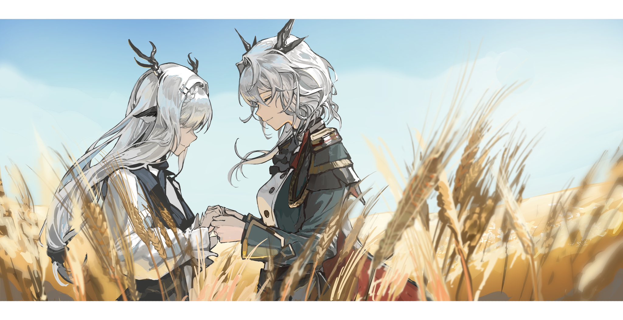 kasumi yuzuha, alina (arknights), talulah (arknights), talulah the fighter (arknights), arknights, commentary request, highres, 2girls, aiguillette, animal ears, ascot, black ascot, black horns, black jacket, black vest, closed eyes, closed mouth, day, epaulettes, facing another, from side, hair ornament, hairclip, holding hands, horns, jacket, letterboxed, long hair, long sleeves, multiple girls, outdoors, plant, profile, rural, shirt, smile, vest, wheat, wheat field, white hair, white shirt, wind