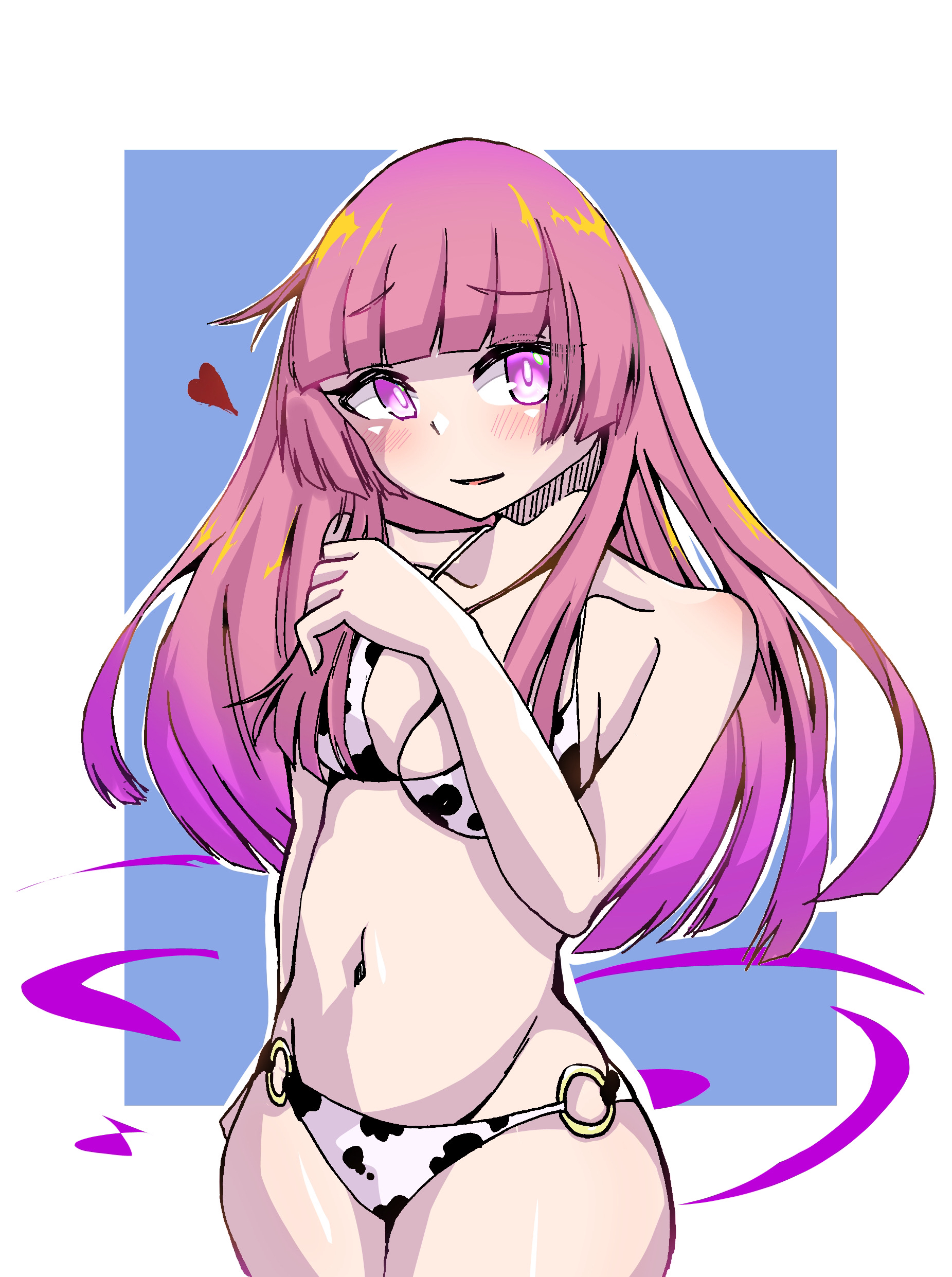 amahara shiro, chaos juliet (grimms notes), grimms notes, 1girl, breasts, bright pupils, cow print, cow print bikini, heart, long hair, medium breasts, parted lips, pink eyes, pink hair, print bikini, smile, solo, white pupils