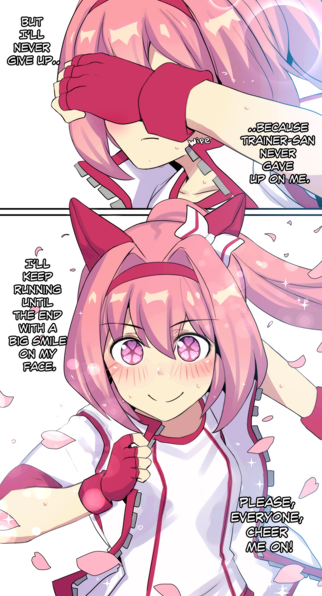 hinghoi, haru urara (umamusume), umamusume, 1girl, animal ears, blush, cherry blossoms, english text, falling petals, fingerless gloves, flower-shaped pupils, gloves, hair intakes, jacket, multiple girls, petals, pink eyes, pink hair, smile, sweat, symbol-shaped pupils