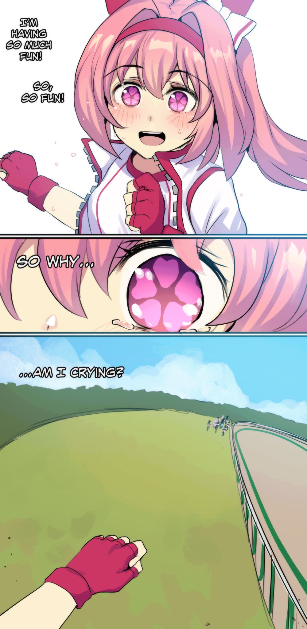 hinghoi, haru urara (umamusume), umamusume, 1girl, animal ears, blue sky, blush, crying, day, english text, eye focus, fingerless gloves, flower-shaped pupils, gloves, grass, hair intakes, multiple girls, pink eyes, pink hair, pov, running, sky, smile, sweat, symbol-shaped pupils, tears