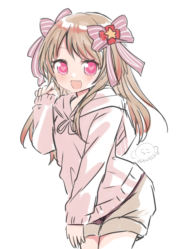 rakotaro, chaos marie (grimms notes), grimms notes, 1girl, alternate costume, blonde hair, cowboy shot, grey shorts, hand up, hoodie, long hair, looking at viewer, pink eyes, pink hoodie, shorts, solo