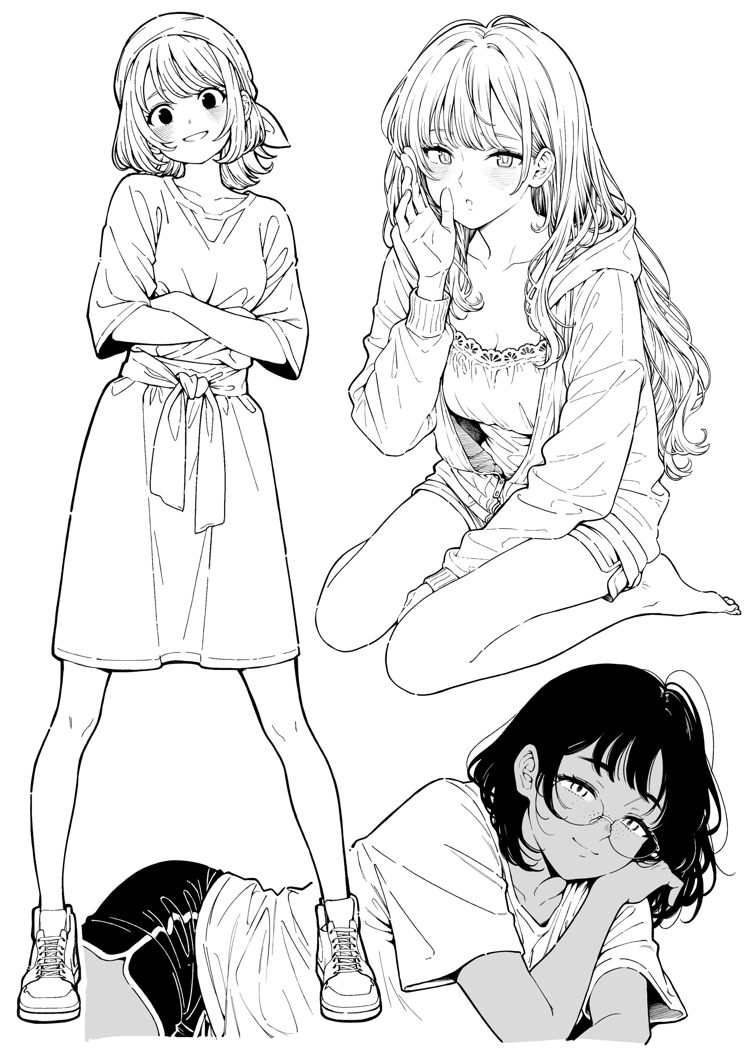 kuroki yuushin, original, absurdres, highres, bandana, dolphin shorts, dress, glasses, greyscale, lying, monochrome, multiple girls, multiple views, shirt, shorts, sitting, standing, wariza, whispering