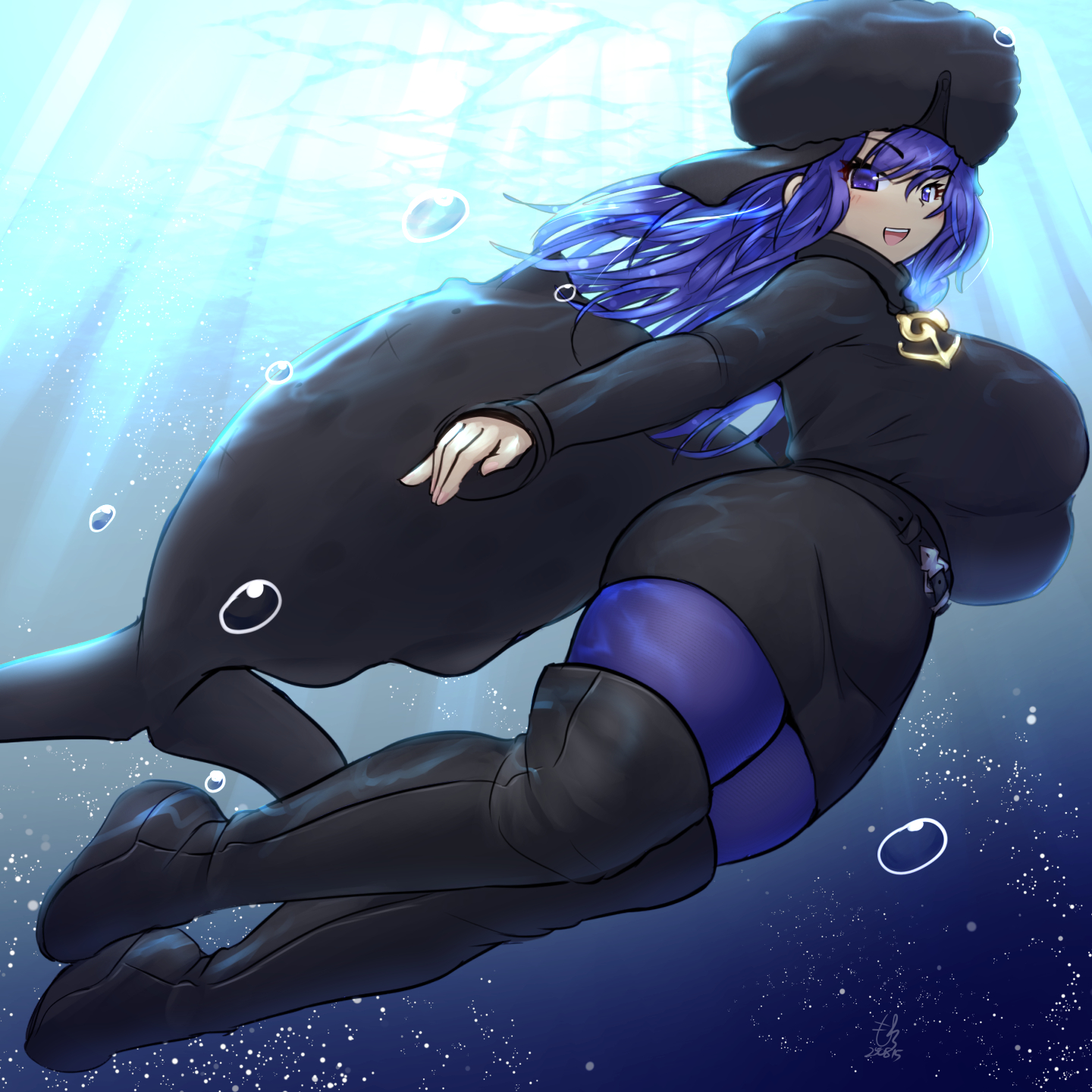 mo23, kemono friends, kemono friends 3, highres, 1girl, anchor necklace, anchor pendant, black sweater, blue eyes, blue hair, blue pantyhose, blush, breasts, cetacean tail, fins, fish tail, hair between eyes, hat, head fins, huge breasts, japari symbol, jewelry, long hair, long sleeves, looking at viewer, necklace, pantyhose, sidelocks, solo, sperm whale (kemono friends), sweater, tail, turtleneck, turtleneck sweater, underwater, ushanka, whale girl