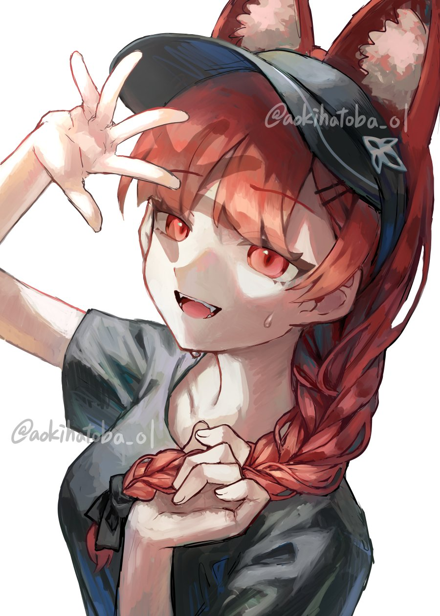 aokihatoba 01, kaenbyou rin, touhou, highres, alternate costume, animal ears, black hat, black shirt, braid, cat ears, fang, hair ornament, hair ribbon, hat, red eyes, red hair, ribbon, shirt, sweat