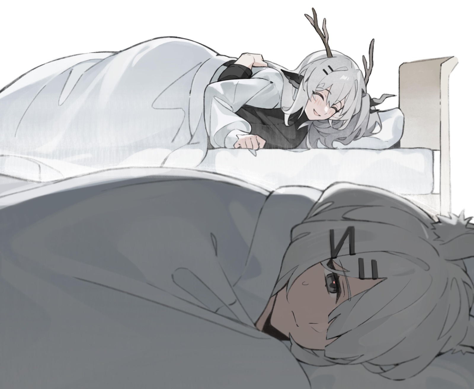 quanx70909457, alina (arknights), frostnova (arknights), talulah (arknights), arknights, highres, 3girls, :d, ^ ^, animal ears, antlers, bed, black eyes, blanket, closed eyes, closed mouth, girl on top, grey hair, hair between eyes, hair ornament, hair over one eye, hairclip, horns, hug, long hair, long sleeves, lying, multiple girls, on bed, one eye covered, open mouth, smile, sweatdrop, under covers, yuri