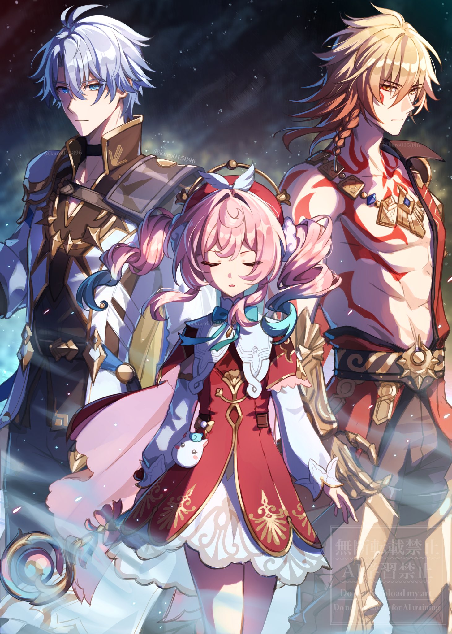 kuro015896, hyacine (honkai: star rail), little ica (honkai: star rail), mydei (honkai: star rail), phainon (honkai: star rail), honkai: star rail, honkai (series), commentary request, highres, 2boys, antenna hair, aqua hair, arm tattoo, armlet, armor, armored boots, black choker, black coat, black pants, black shirt, blonde hair, blue cape, blue eyes, boots, braid, cape, chest tattoo, choker, clawed gauntlets, closed eyes, coat, dress, earrings, facial tattoo, gold earrings, gold necklace, gradient hair, hair between eyes, hat, holding, holding staff, jewelry, long hair, medium hair, multicolored hair, multiple boys, necklace, open clothes, open coat, pants, parted bangs, pauldrons, pink hair, pink hat, red dress, red hair, red tattoo, shirt, short hair, shoulder armor, side braid, single pauldron, staff, tattoo, toned, toned male, twintails, white coat, white hair, yellow eyes