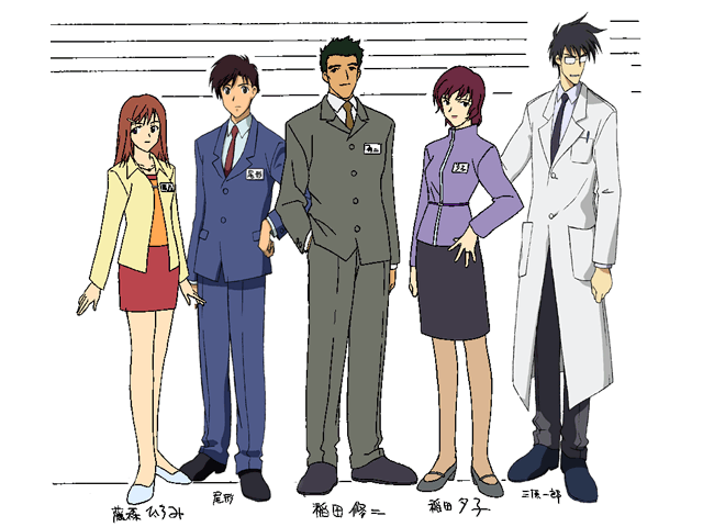 mihara ichiro, ogata masaharu, angelic layer, tagme, 2girls, 3boys, black hair, brown hair, full body, glasses, lineup, multiple boys, multiple girls, purple hair, standing