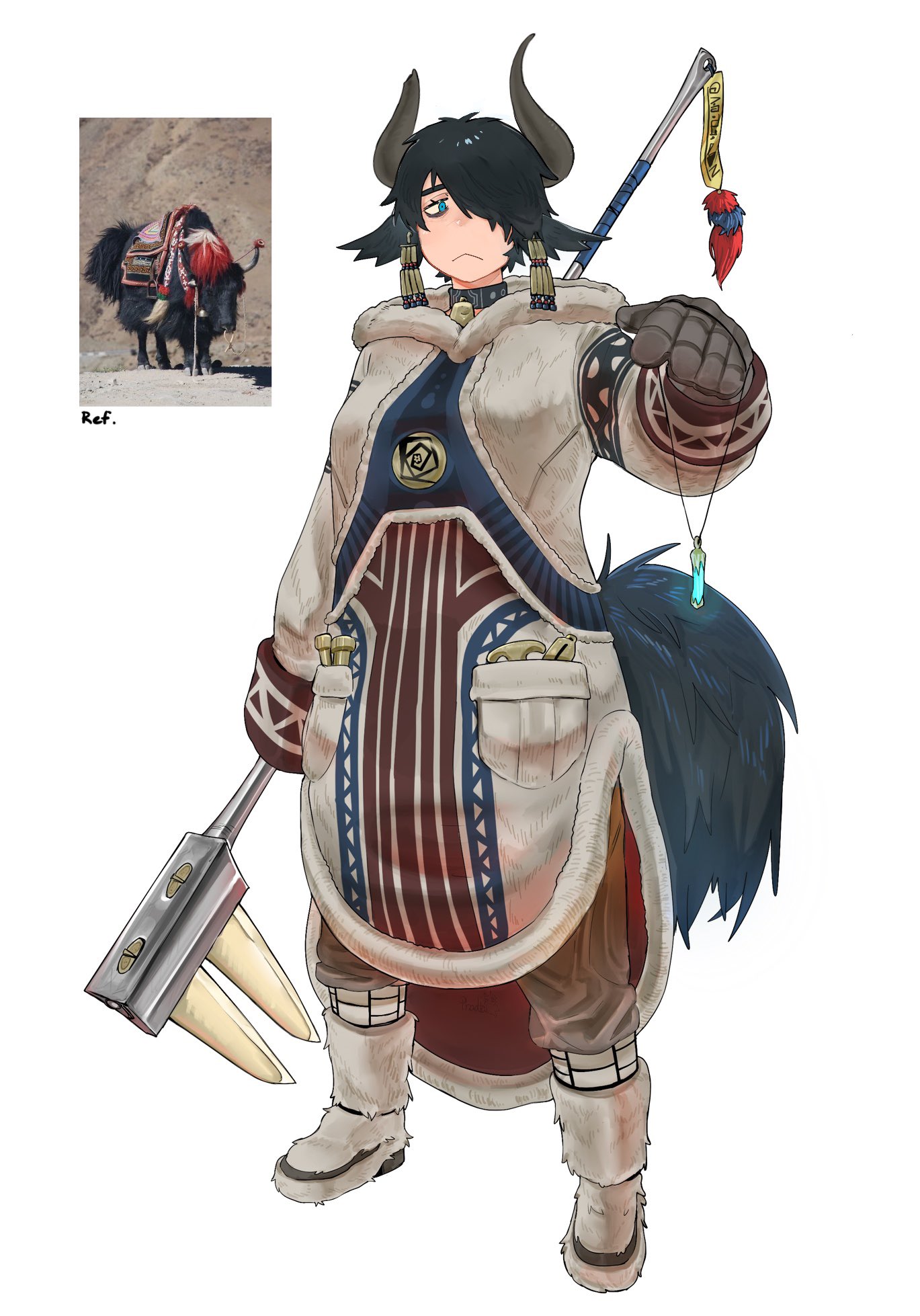maikamiaka, original, highres, 1girl, beads, black hair, boots, broken, collar, earrings, full body, fur-trimmed boots, fur trim, gloves, jewelry, long sleeves, necklace, pendant, personification, photo inset, pocket, polearm, reference inset, short hair, tail, tibetan clothes, weapon, white background, yak