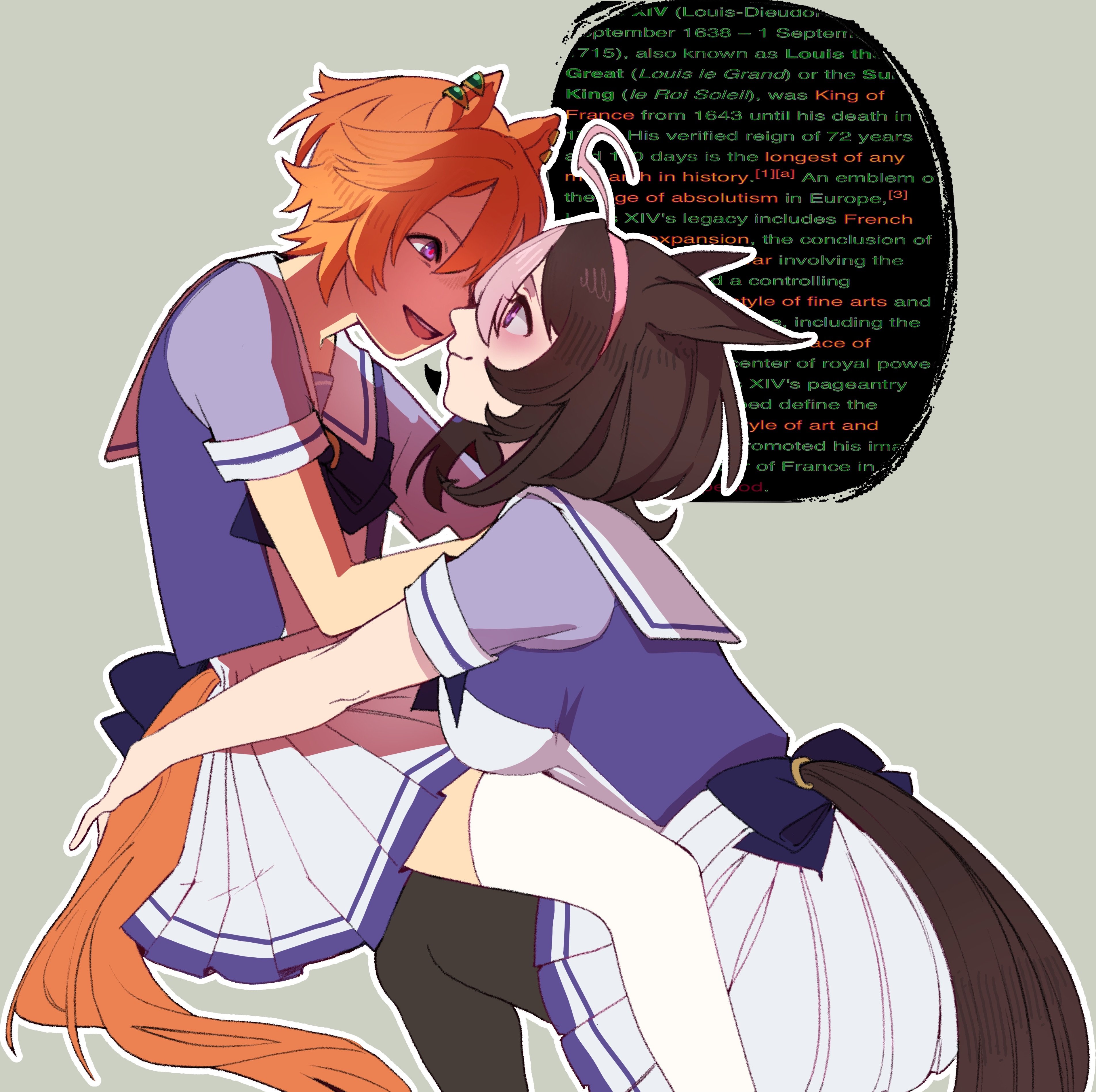 dungeonbgm, meisho doto (umamusume), t.m. opera o (umamusume), umamusume, absurdres, commentary, english commentary, highres, 2girls, animal ears, between legs, black pantyhose, brown hair, closed mouth, english text, eye contact, horse ears, horse girl, horse tail, looking at another, multiple girls, open mouth, orange hair, pantyhose, pink streaks, pleated skirt, purple eyes, purple shirt, school uniform, shirt, short hair, short sleeves, skirt, smile, speech bubble, tail, thighhighs, tracen school uniform, white skirt, white thighhighs, yuri