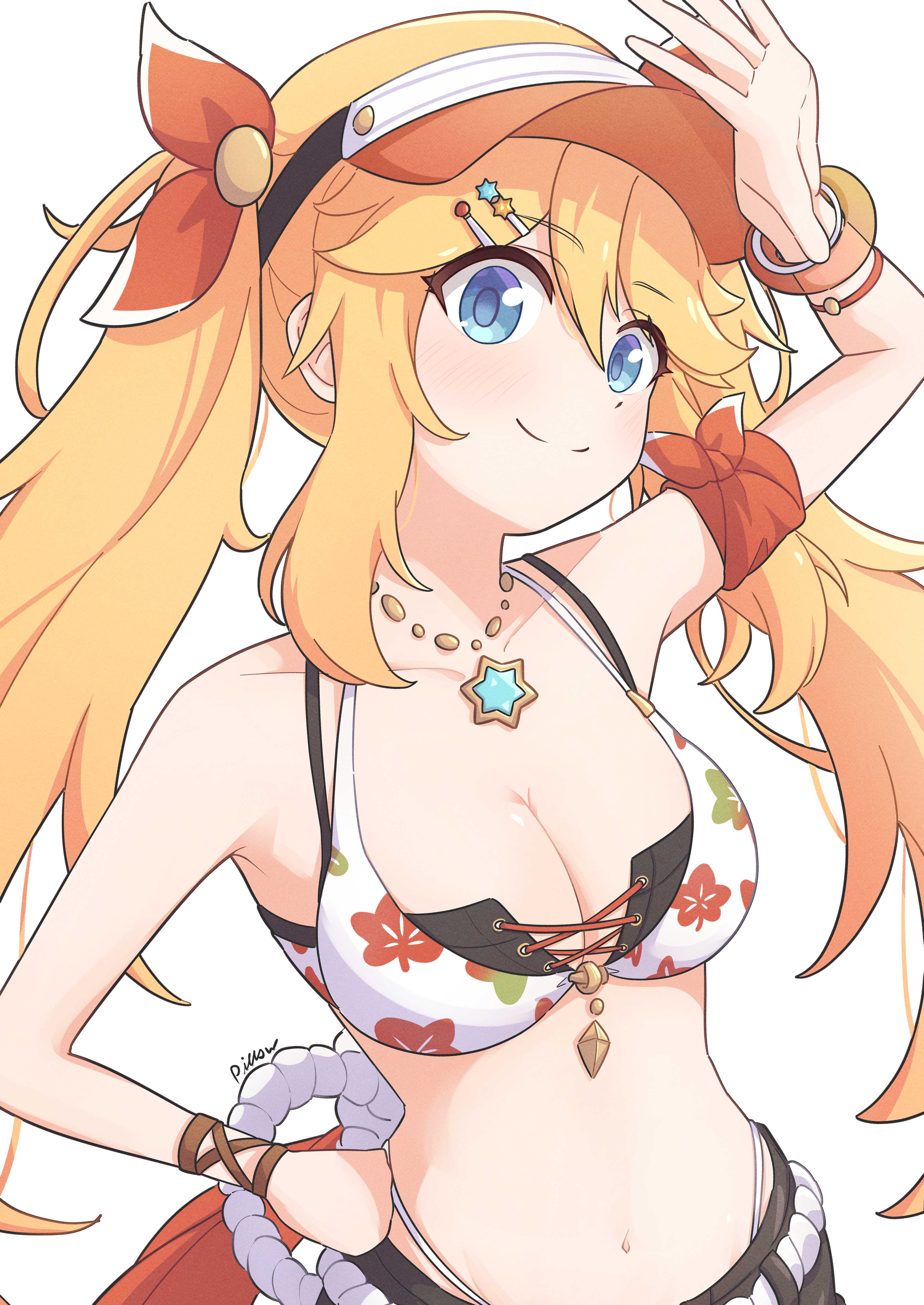 makuraapillow, ninon (princess connect!), princess connect!, absurdres, highres, 1girl, arm up, artist name, bikini, black bikini, blonde hair, blue eyes, breasts, closed mouth, cross-laced bikini, cross-laced clothes, floral print, hair ornament, hairpin, hand on own hip, jewelry, large breasts, layered bikini, looking at viewer, multiple hairpins, necklace, ninon (summer) (princess connect!), simple background, smile, star (symbol), star necklace, swimsuit, twintails, upper body, white background, white bikini