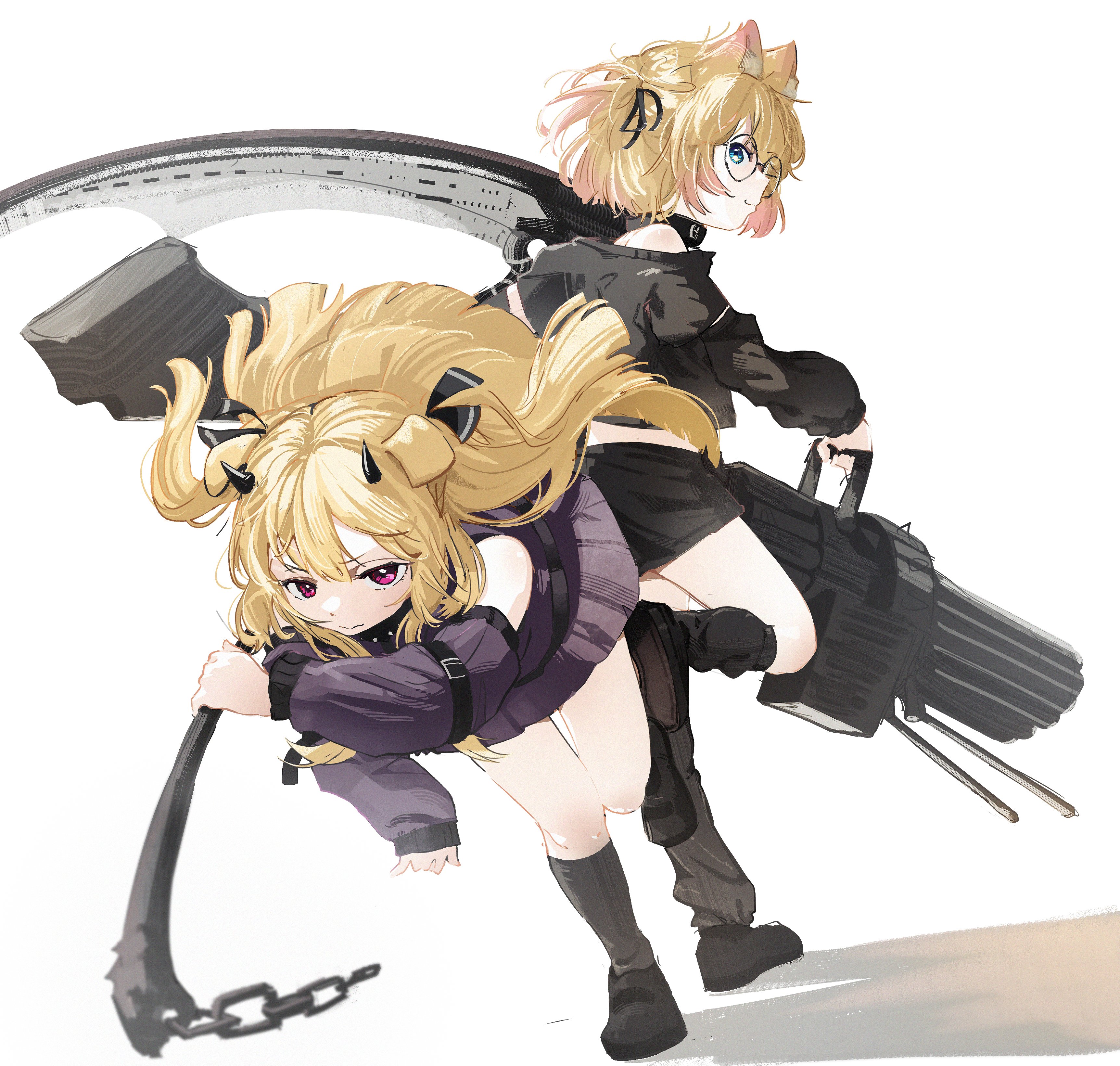 kan1360, cerber (vtuber), minikomew, indie virtual youtuber, absurdres, hashtag-only commentary, highres, 2girls, animal ear fluff, animal ears, bare shoulders, black collar, black horns, black ribbon, black shirt, black shoes, black skirt, black socks, cat ears, cat girl, chain, closed mouth, collar, demon horns, detached sleeves, dog ears, dog girl, eyelashes, gatling gun, glasses, gradient hair, gun, hair ribbon, holding, holding gun, holding scythe, holding weapon, horns, long hair, minigun, multicolored hair, multiple girls, pink hair, purple shirt, purple skirt, red eyes, ribbon, round eyewear, scythe, shirt, shoes, short hair, simple background, skirt, smile, socks, standing, standing on one leg, twintails, virtual youtuber, weapon, white background