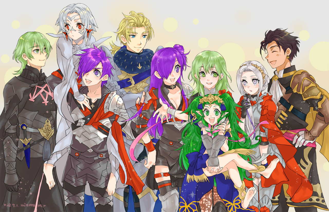 bryminoru, arval (fire emblem), claude von riegan, dimitri alexandre blaiddyd, edelgard von hresvelg, female byleth (enlightened) (fire emblem), female byleth (fire emblem), female shez (fire emblem), male byleth (enlightened) (fire emblem), male byleth (fire emblem), male shez (fire emblem), sothis (fire emblem), fire emblem, fire emblem: three houses, fire emblem warriors: three hopes, nintendo, commentary request, 1other, 4boys, 4girls, armor, barefoot, black armor, black cape, black choker, black gloves, black hair, blonde hair, blue eyes, blush, cape, carrying, carrying person, choker, closed eyes, closed mouth, dark skin, earrings, facial mark, gloves, green eyes, green hair, grey hair, hair bun, hair over one eye, hand on own hip, jewelry, long hair, looking at another, multiple boys, multiple girls, official alternate costume, one eye covered, open mouth, pointy ears, purple eyes, purple hair, red cape, red eyes, short hair, single hair bun, smile, toes, white background, yellow cape
