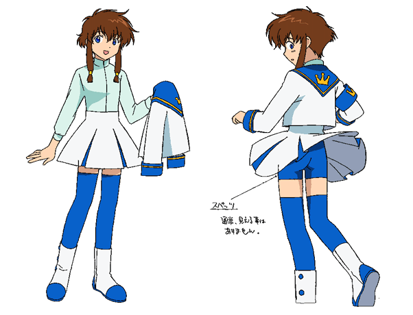 suzuhara misaki, angelic layer, official art, 1girl, bike shorts under skirt, blue eyes, blue thighhighs, brown hair, clothes lift, flat chest, long bangs, reference sheet, school uniform, serafuku, skirt, skirt lift, thighhighs, wind, wind lift
