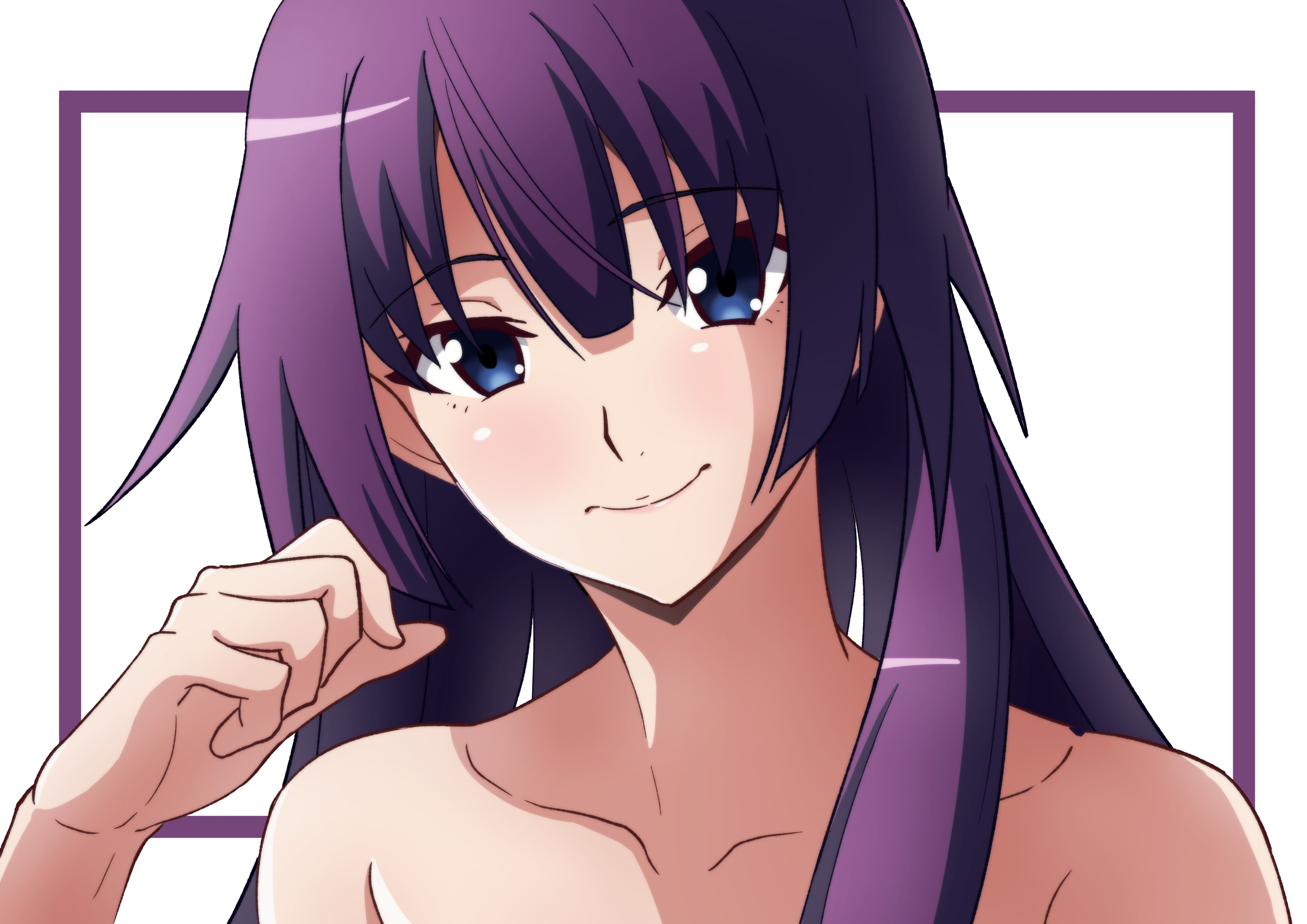 kakukakusan, senjougahara hitagi, bakemonogatari, monogatari (series), absurdres, highres, 1girl, bare shoulders, blue eyes, blush, collarbone, hair between eyes, hand up, looking at viewer, purple hair, shadow, simple background, smile, solo, white background