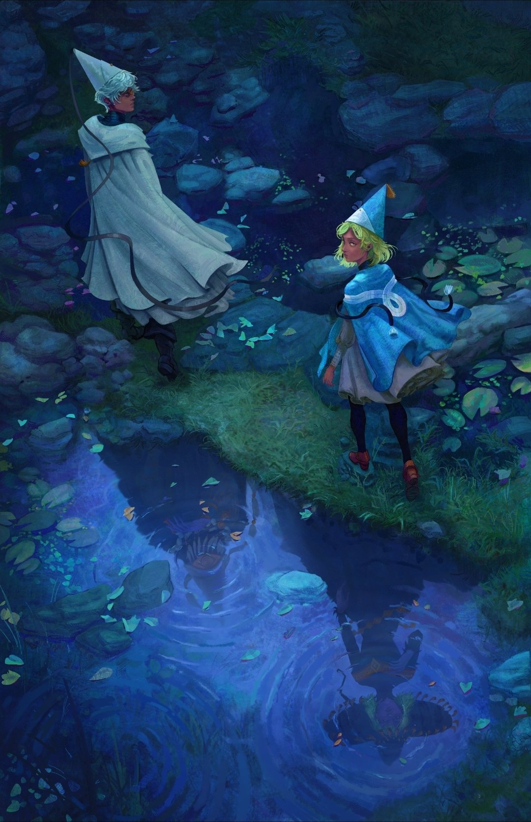 coco (tongari boushi no atelier), iguin (tongari boushi no atelier), qifrey (tongari boushi no atelier), tongari boushi no atelier, adversarial noise, highres, 1girl, 2boys, black leggings, emisharks, green hair, hat, leggings, lily pad, multiple boys, multiple persona, qifrey's atelier apprentice uniform, reflection, reflective water, short hair, tassel, white hair