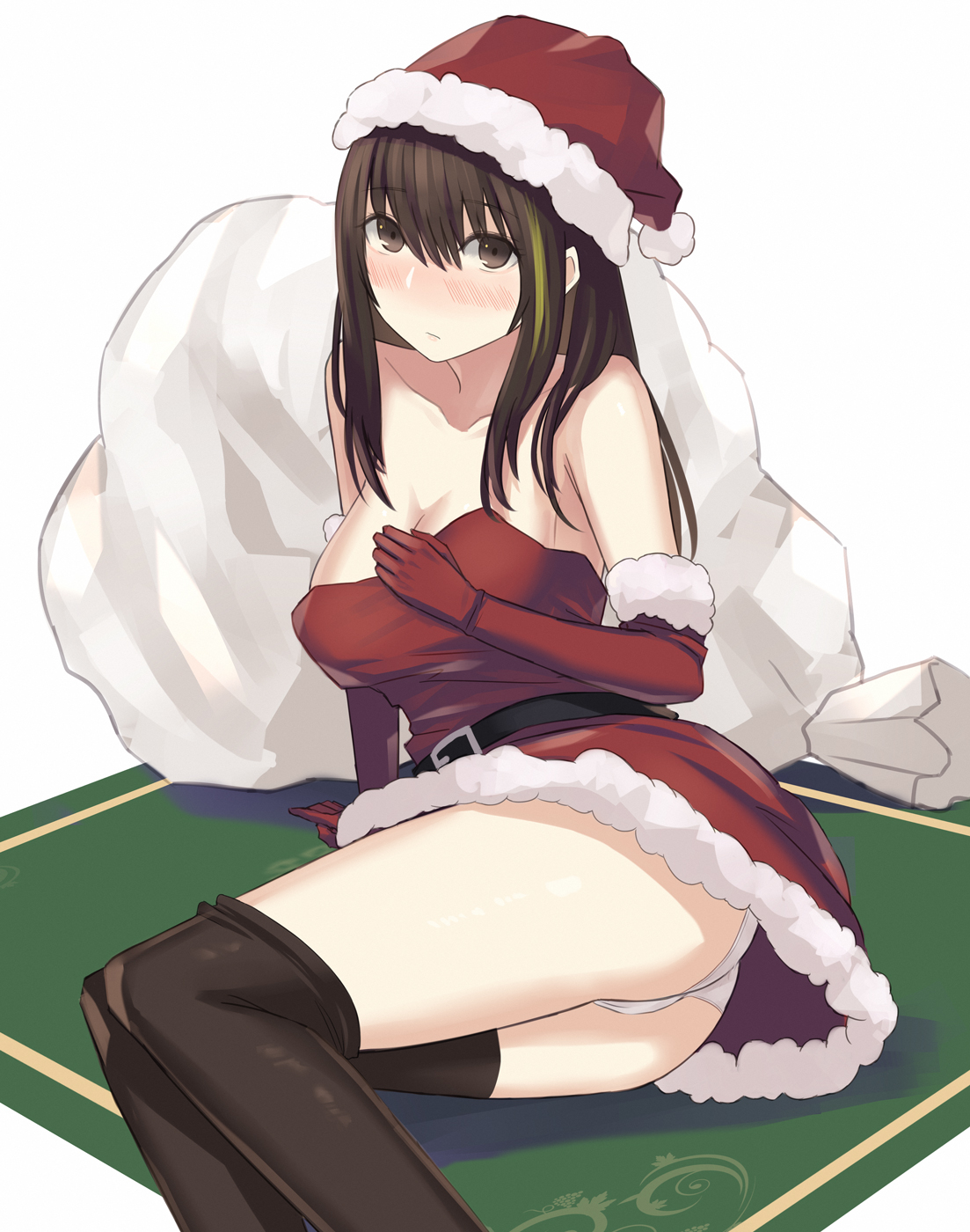asakiri koko, m4a1 (girls' frontline), girls' frontline, commentary request, highres, 1girl, alternate costume, arm support, ass, belt, black belt, black thighhighs, blush, breasts, brown eyes, brown hair, cleavage, collarbone, dress, elbow gloves, fur-trimmed dress, fur-trimmed gloves, fur-trimmed headwear, fur trim, gloves, green hair, hair between eyes, hat, long hair, long sidelocks, looking at viewer, medium breasts, multicolored hair, panties, pout, red dress, red hat, santa costume, santa hat, sidelocks, sitting, sleeveless, sleeveless dress, solo, strapless, strapless dress, streaked hair, thighhighs, underwear, white background, white panties