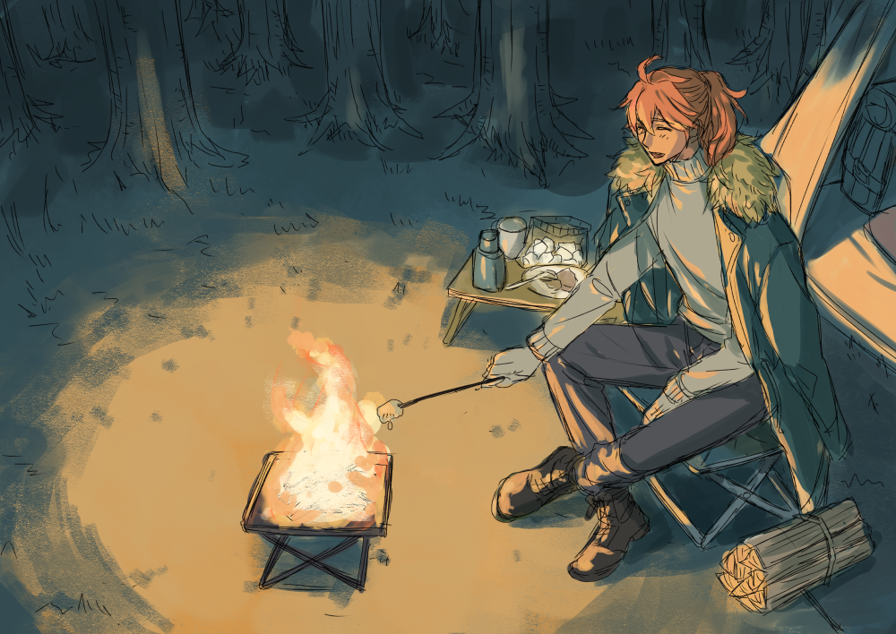 fujinari takumi, romani archaman, fate/grand order, fate (series), 1boy, ahoge, alternate costume, boots, brown boots, campfire, camping, camping chair, chair, closed eyes, coat, coat on shoulders, crossed ankles, cup, firewood, folding chair, food, forest, fur-trimmed coat, fur trim, gloves, green coat, grey pants, hair between eyes, high ponytail, holding, holding stick, light blush, long hair, long sleeves, male focus, marshmallow, mug, nature, night, on chair, open mouth, orange hair, outdoors, pants, partially colored, plate, ponytail, roasted marshmallow, sitting, sketch, smile, solo, stick, sweater, table, tent, tree, turtleneck, turtleneck sweater, white gloves, white sweater
