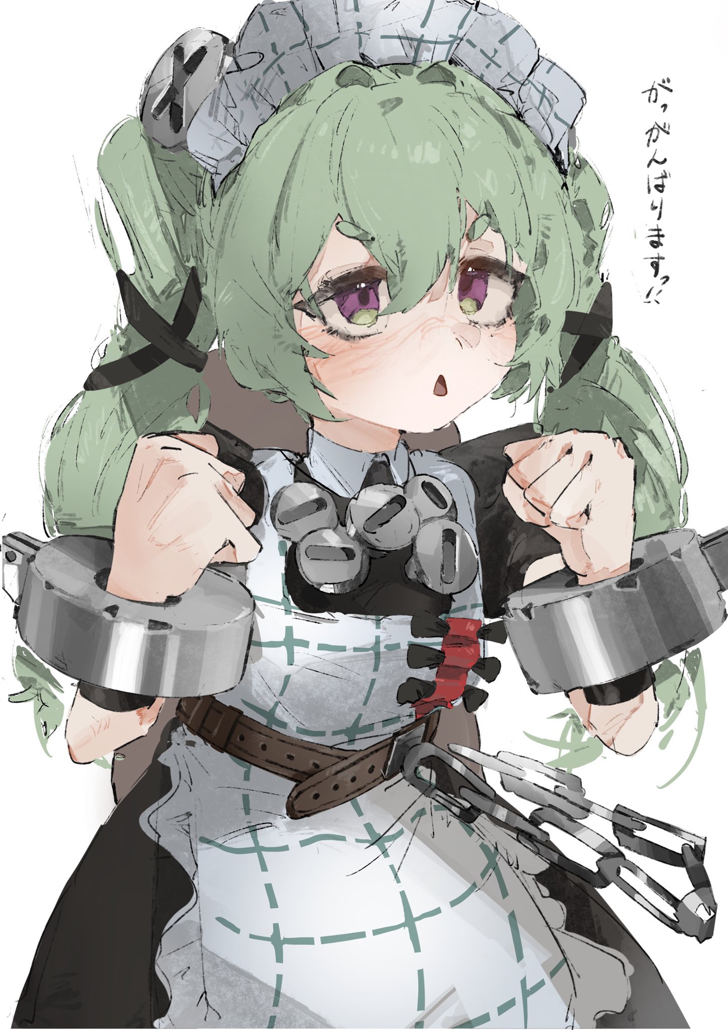 corin wickes, zenless zone zero, commentary request, highres, translation request, 1girl, apron, belt, black dress, blush, chain, dress, green eyes, green hair, hair between eyes, holding, long hair, looking at viewer, maid, maid headdress, multicolored eyes, open mouth, puffy short sleeves, puffy sleeves, purple eyes, screw hair ornament, short sleeves, simple background, solo, twintails, two-tone eyes, tyun tyun333, white apron, white background