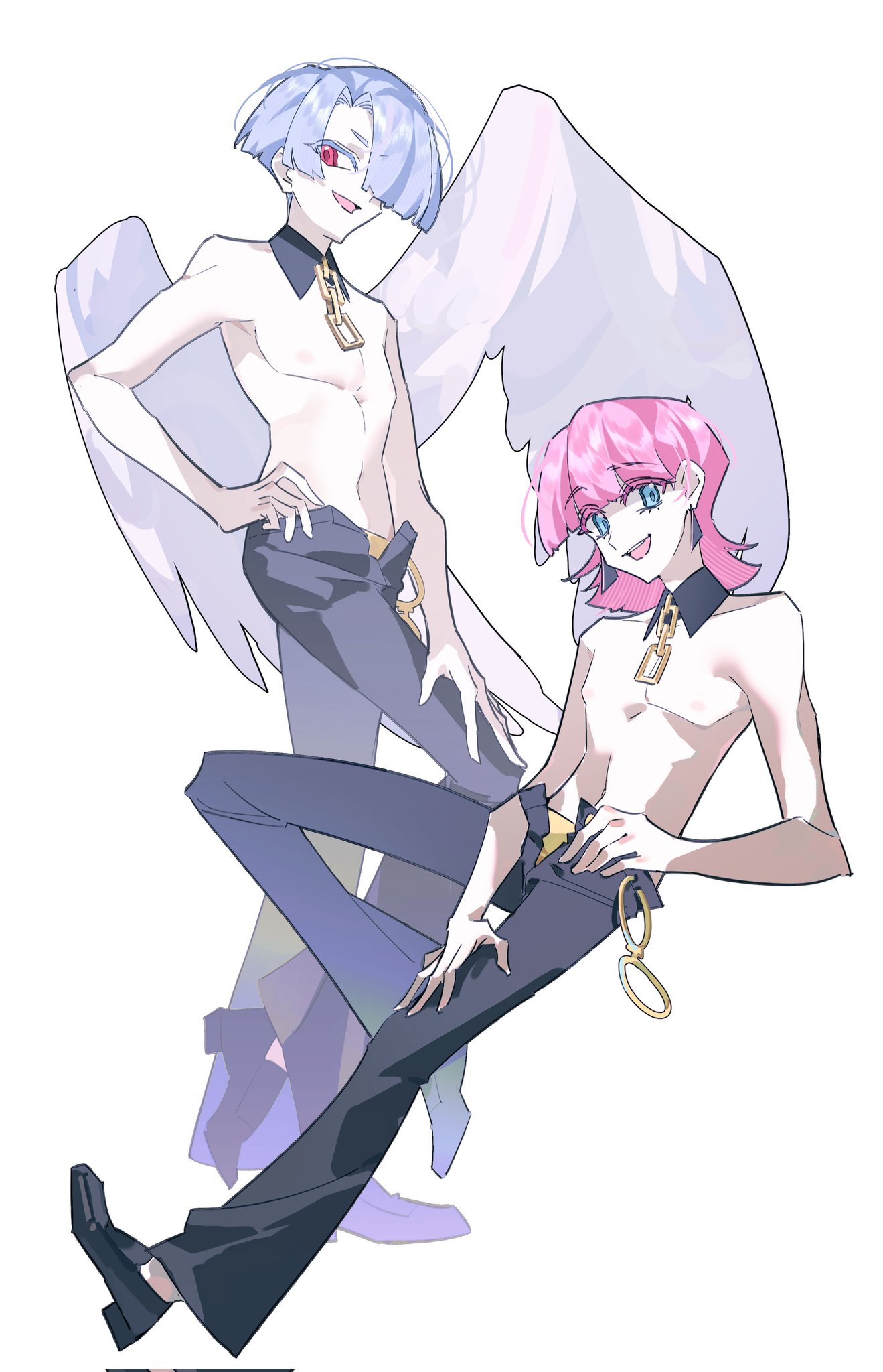 k morghania, polyester (psg), polyurethane (psg), panty & stocking with garterbelt, highres, 2boys, blue eyes, blunt bangs, brothers, colored eyelashes, earrings, girly boy, hair over one eye, jewelry, male focus, multiple boys, pink hair, red eyes, siblings, smile
