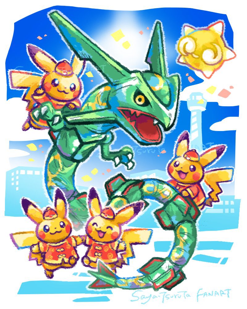 tsuruta saya, minior, minior (core), minior (yellow core), pikachu, rayquaza, nintendo, pokemon, commentary request, :3, artist name, black sclera, blue sky, building, closed eyes, closed mouth, clothed pokemon, cloud, colored sclera, day, dot nose, dragon, eastern dragon, fang, floating, gen 1 pokemon, gen 3 pokemon, gen 7 pokemon, hat, legendary pokemon, no humans, open mouth, outline, pokemon (creature), pokemon focus, red hat, red shirt, shirt, sky, smile, white outline, yellow eyes