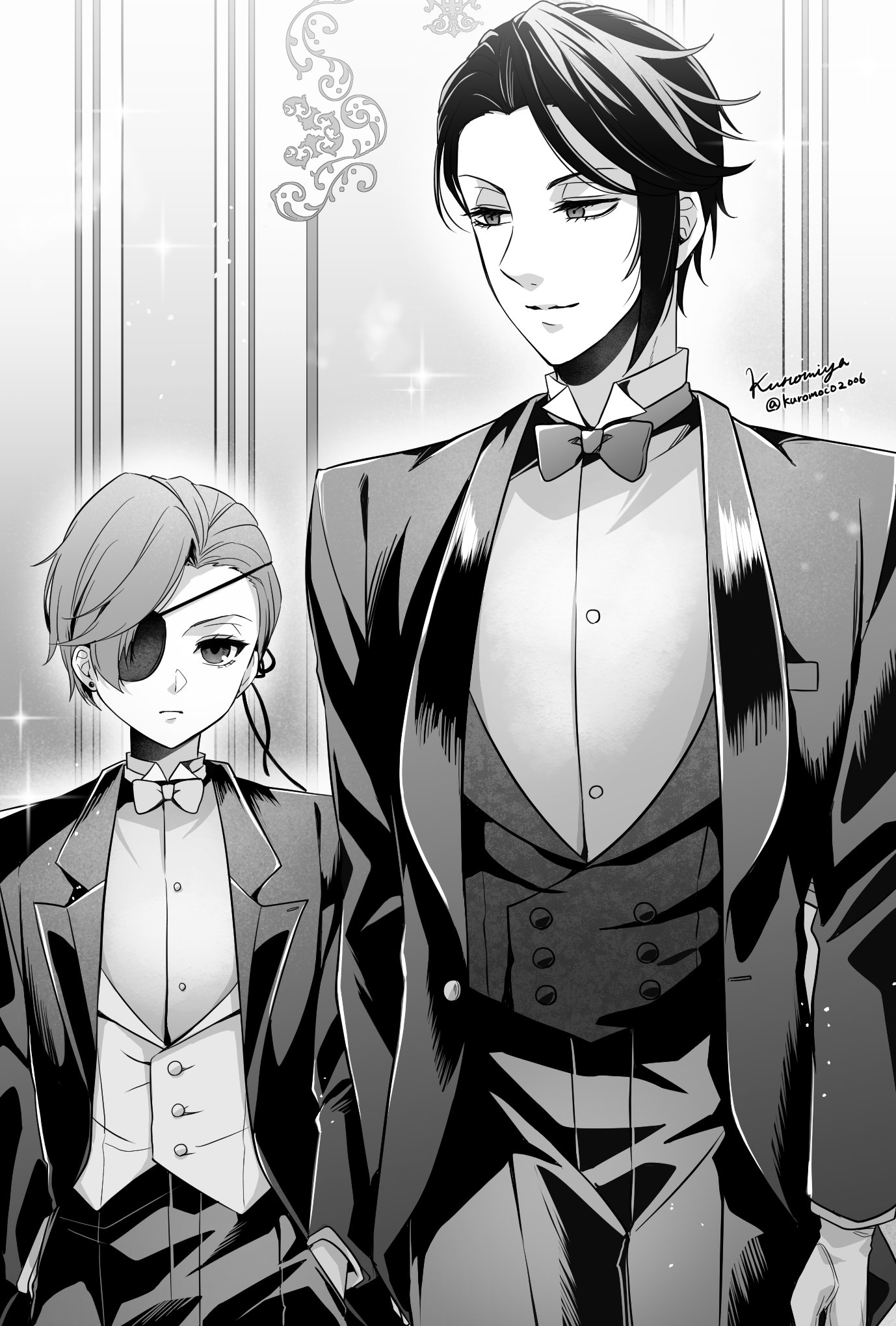 ciel phantomhive, sebastian michaelis, kuroshitsuji, highres, 2boys, bishounen, black hair, closed mouth, eyepatch, formal clothes, gloves, kuromoco2006, male focus, multiple boys, shirt, short hair, smile, suit, victorian