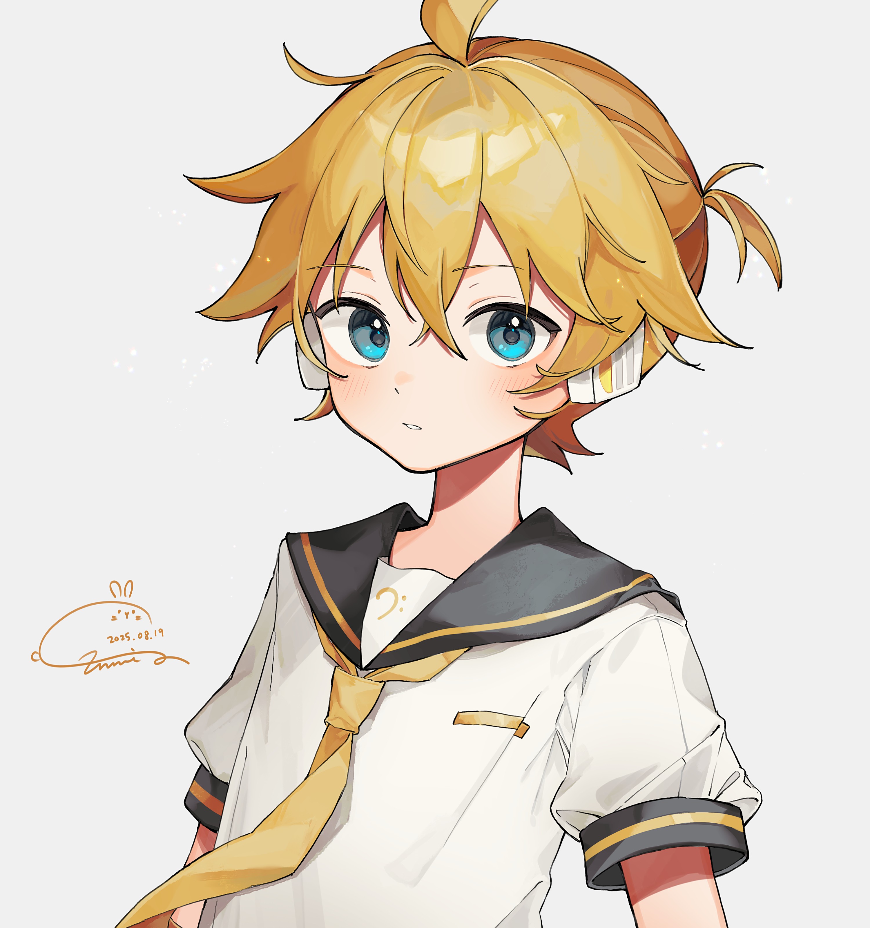 sazanami (ripple1996), kagamine len, vocaloid, absurdres, commentary request, highres, 1boy, ahoge, blonde hair, blue eyes, dated, headphones, looking to the side, male focus, necktie, parted lips, ponytail, sailor collar, short hair, short ponytail, short sleeves, signature, solo, upper body