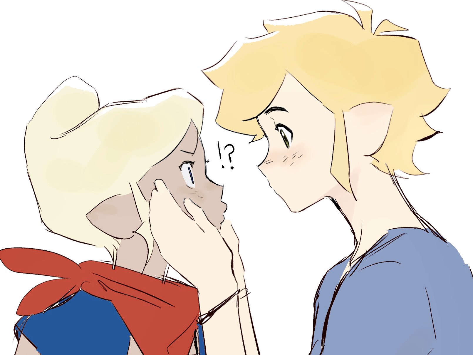 senzo6700, link, tetra, nintendo, the legend of zelda, the legend of zelda: the wind waker, commentary, highres, symbol-only commentary, !?, 1boy, 1girl, blue eyes, blue shirt, blue vest, blush, dark-skinned female, dark skin, eye contact, from side, hands on another's face, height difference, imminent kiss, looking at another, pointy ears, profile, red scarf, scarf, shirt, short hair, simple background, vest, white background