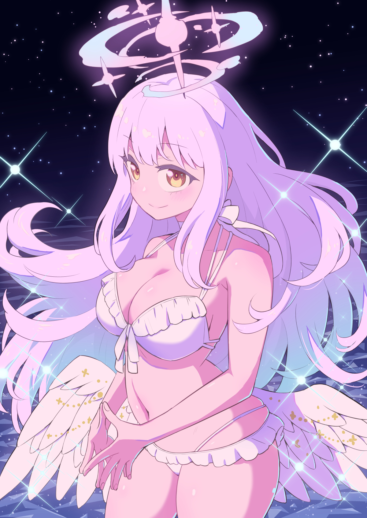 funk orgash, mika (blue archive), mika (swimsuit) (blue archive), blue archive, highres, 1girl, angel wings, bikini, breasts, cleavage, closed mouth, collarbone, feathered wings, frilled bikini, frills, halo, long hair, looking at viewer, low wings, navel, official alternate costume, official alternate hairstyle, pink hair, pink halo, smile, solo, stomach, swimsuit, very long hair, white bikini, white wings, wing ornament, wings, yellow eyes
