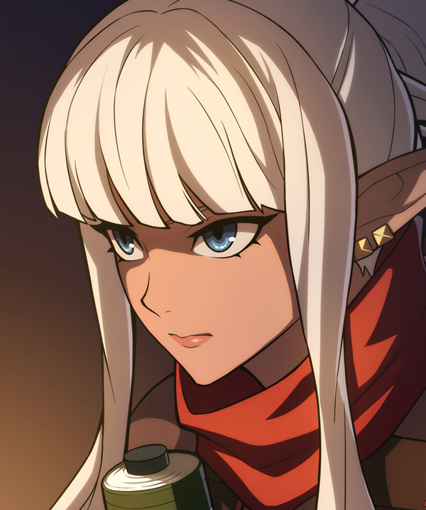 kunoichi (dungeon and fighter), thief (dungeon and fighter), dnf duel, dungeon and fighter, official art, blue eyes, blunt bangs, closed mouth, colored eyebrows, dark skin, ear piercing, eyebrows hidden by hair, gradient background, hair bun, lips, long sidelocks, piercing, pointy ears, portrait, red scarf, scarf, scroll, shaded face, sidelocks, single hair bun, white hair