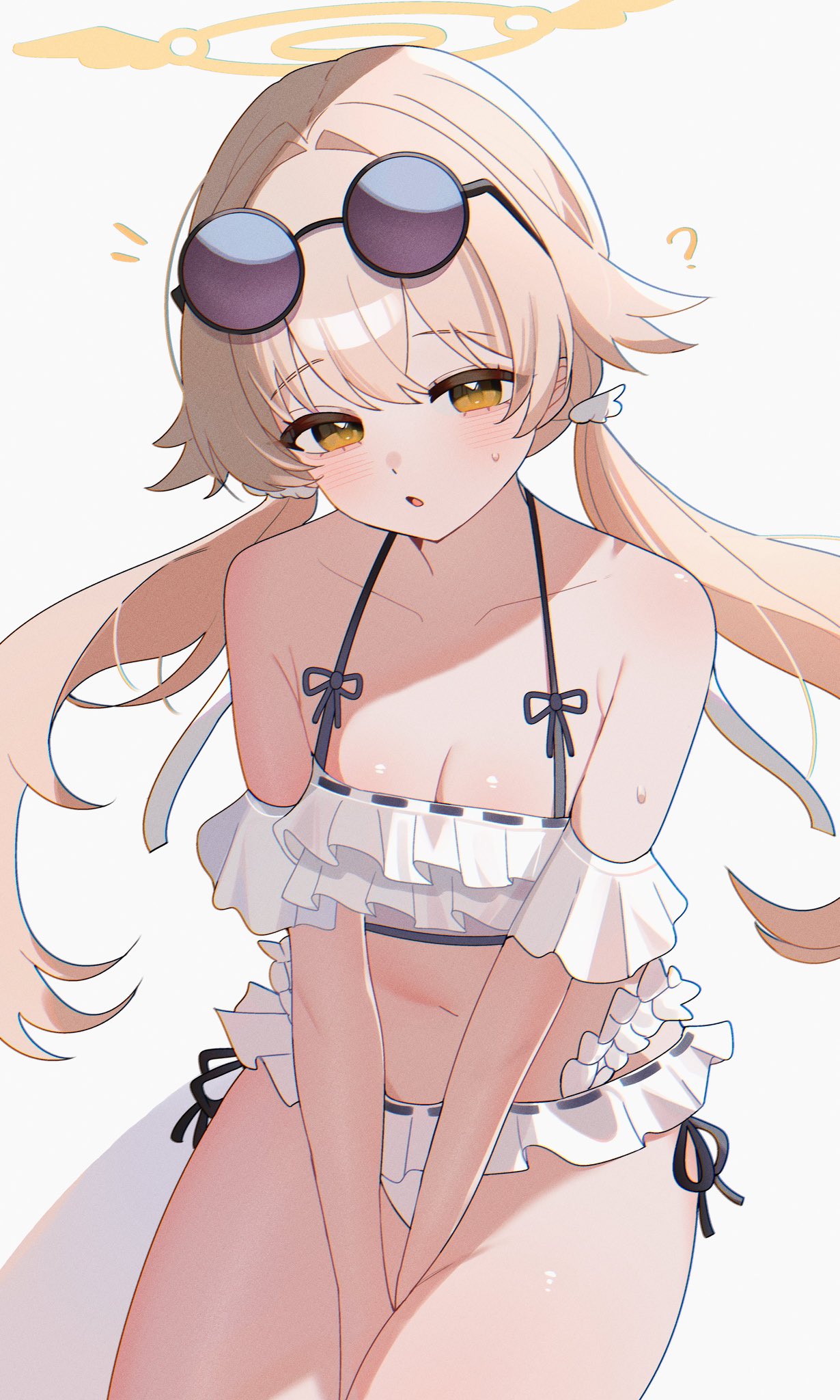 shusuchii, hifumi (blue archive), hifumi (swimsuit) (blue archive), blue archive, highres, 1girl, bikini, eyewear on head, frilled bikini, frills, halo, low twintails, off-shoulder bikini, off shoulder, official alternate costume, round eyewear, solo, sunglasses, swimsuit, twintails, white bikini, winged halo, yellow halo