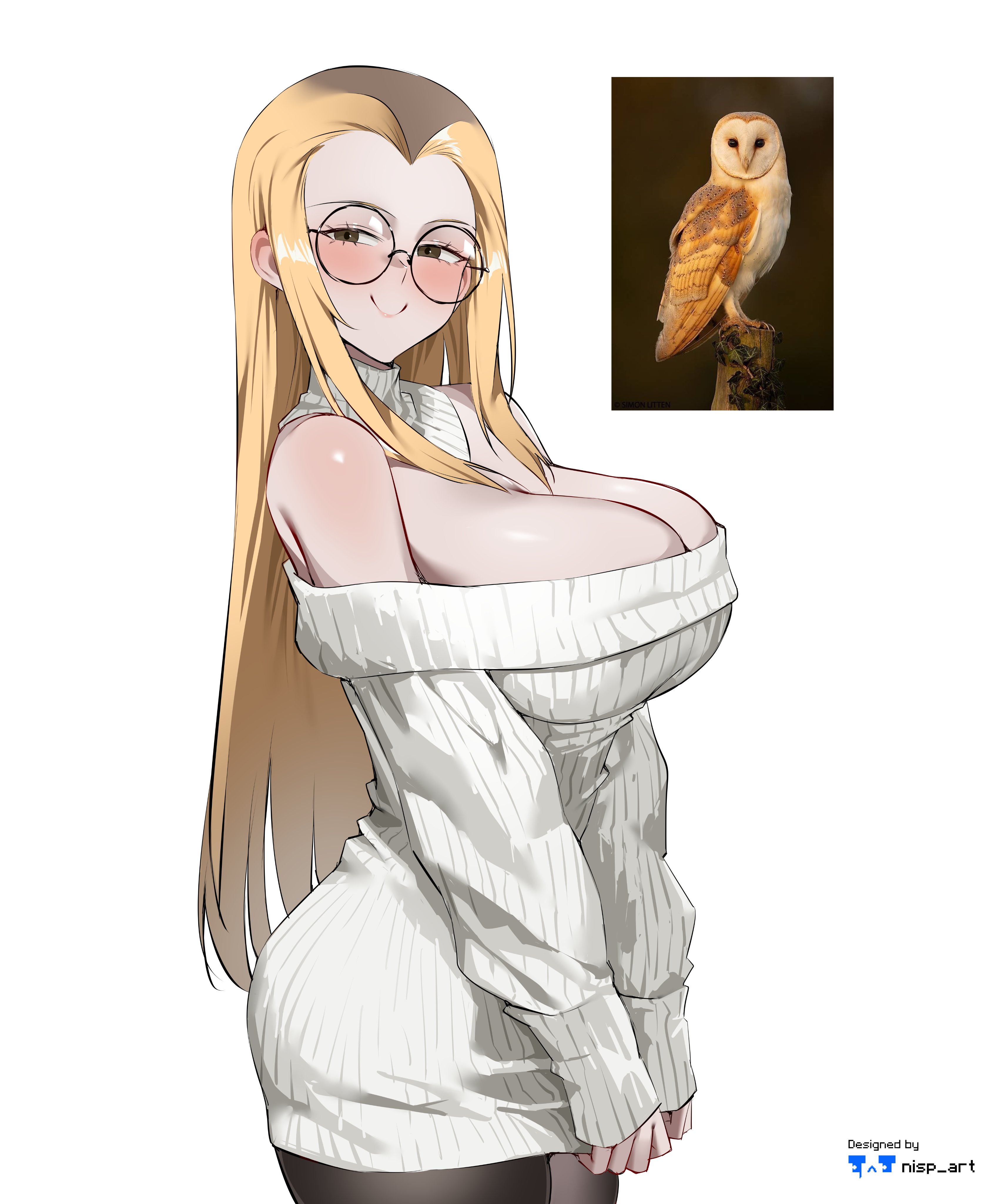 nisp art, original, absurdres, highres, bare shoulders, barn owl, bird, blonde hair, blush, breasts, brown hair, cleavage, dress, large breasts, owl, pantyhose, reference inset, ribbed sweater, round eyewear, simple background, smile, sweater, sweater dress, turtleneck, turtleneck sweater, white background