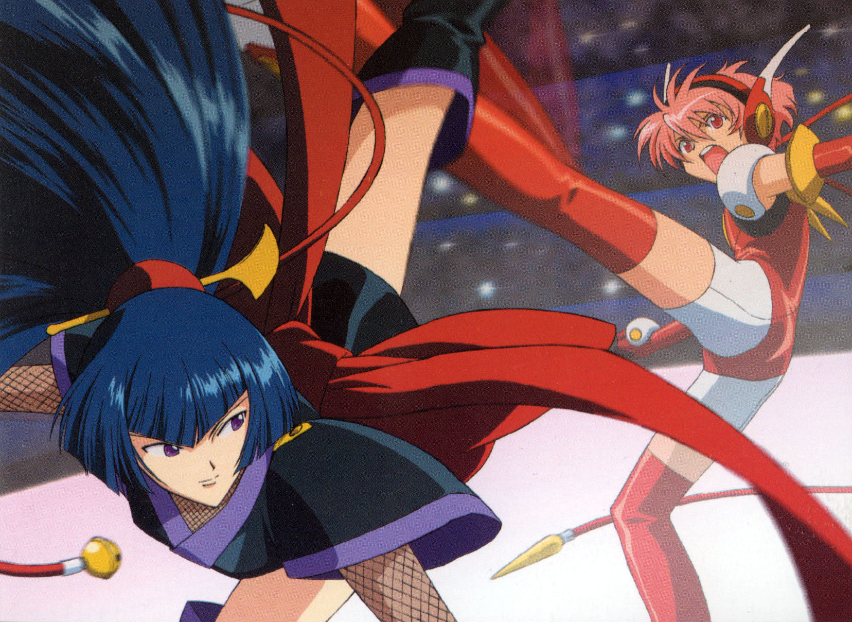 hikaru (angelic layer), suzuka (angelic layer), angelic layer, highres, black hair, pink hair, purple eyes, red eyes