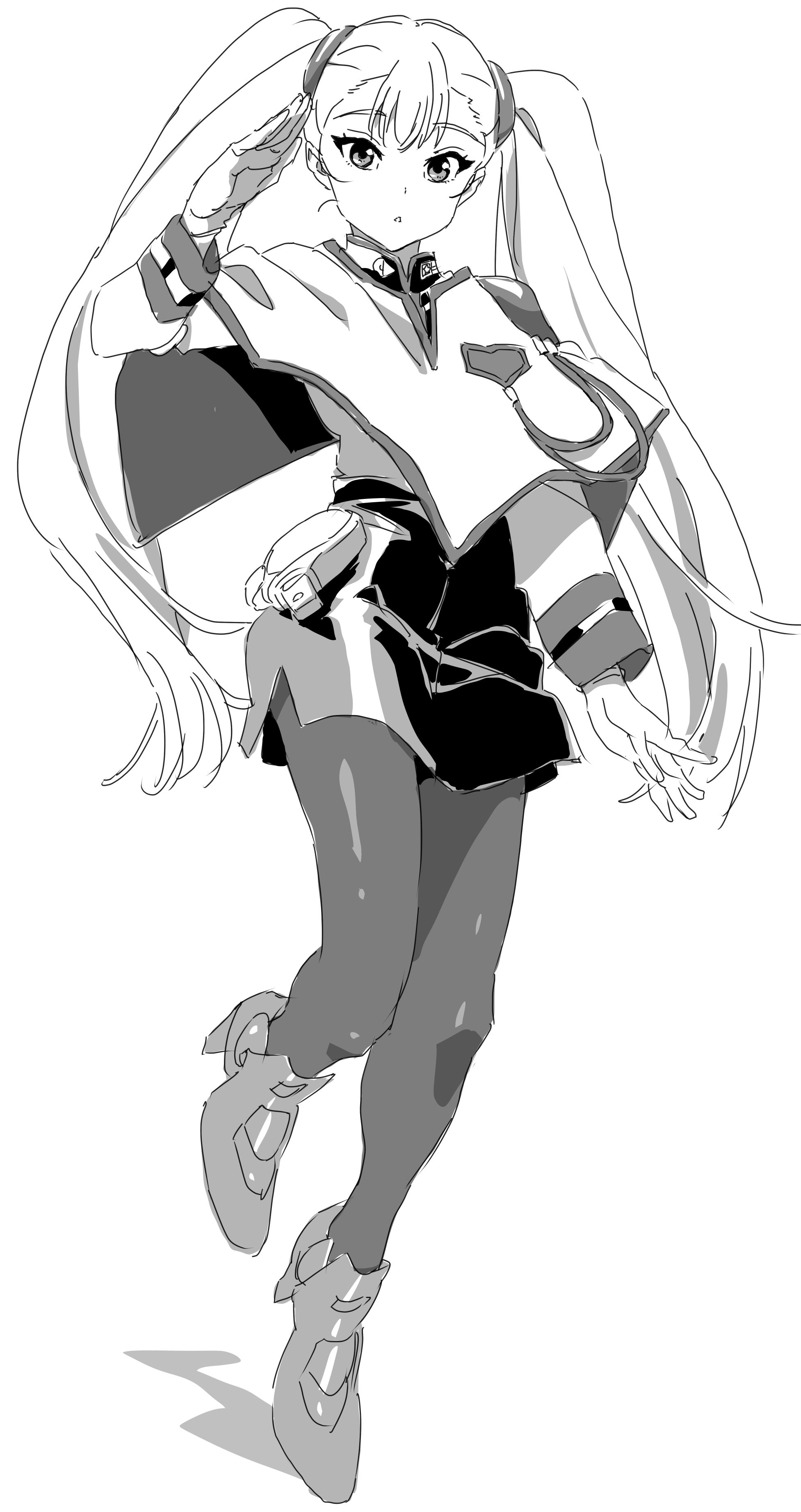 chikaoka sunao, hoshino ruri, kidou senkan nadesico, absurdres, highres, 1girl, full body, greyscale, hair ornament, long hair, long sleeves, looking at viewer, monochrome, pantyhose, simple background, skirt, solo, twintails, white background